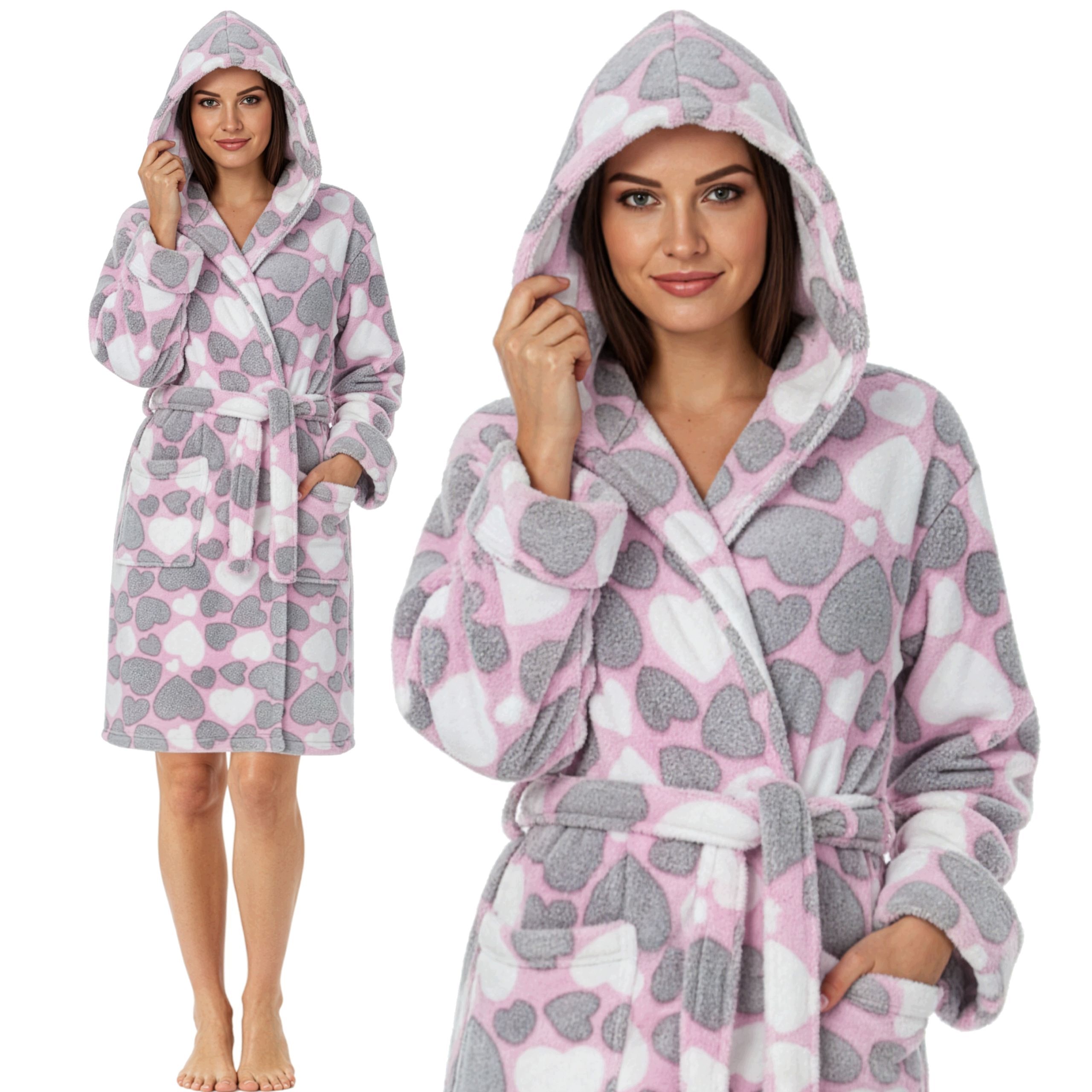 Pú teplý, milý dámský župan s kapucí L/XL srdíčka