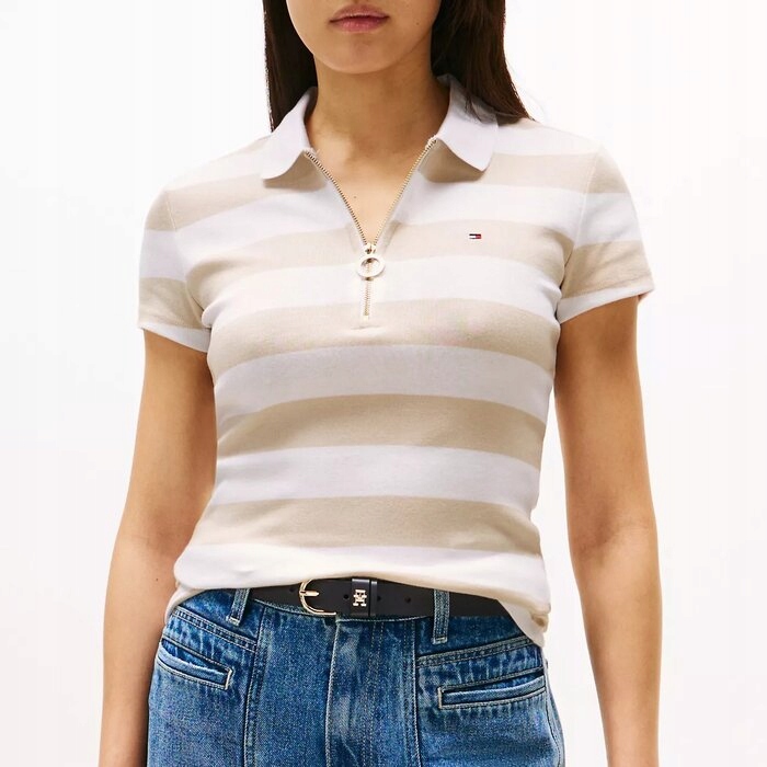 Polokošile Tommy Hilfiger klasická bavlněná, béžová, pruhovaná, L (nová)