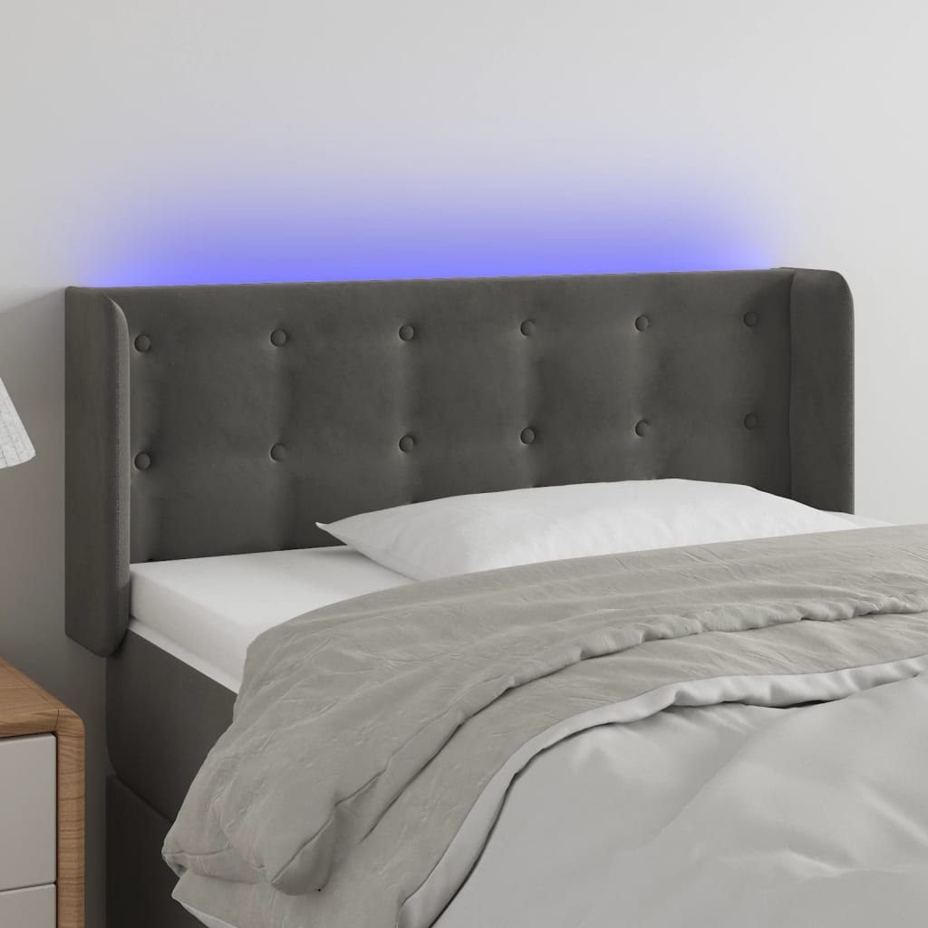 Opěrka hlavy k posteli s Led, tmavě šedá, 83x16x78/88 cm, samet