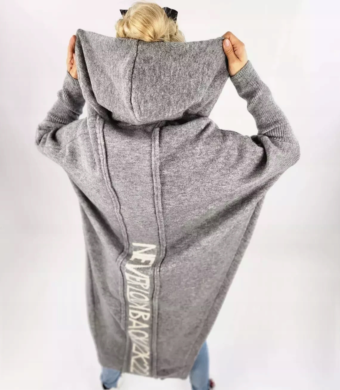 Teplý dámský svetr Kardigan Dlouhý s vlnou Nápis Never Look Back L (40)