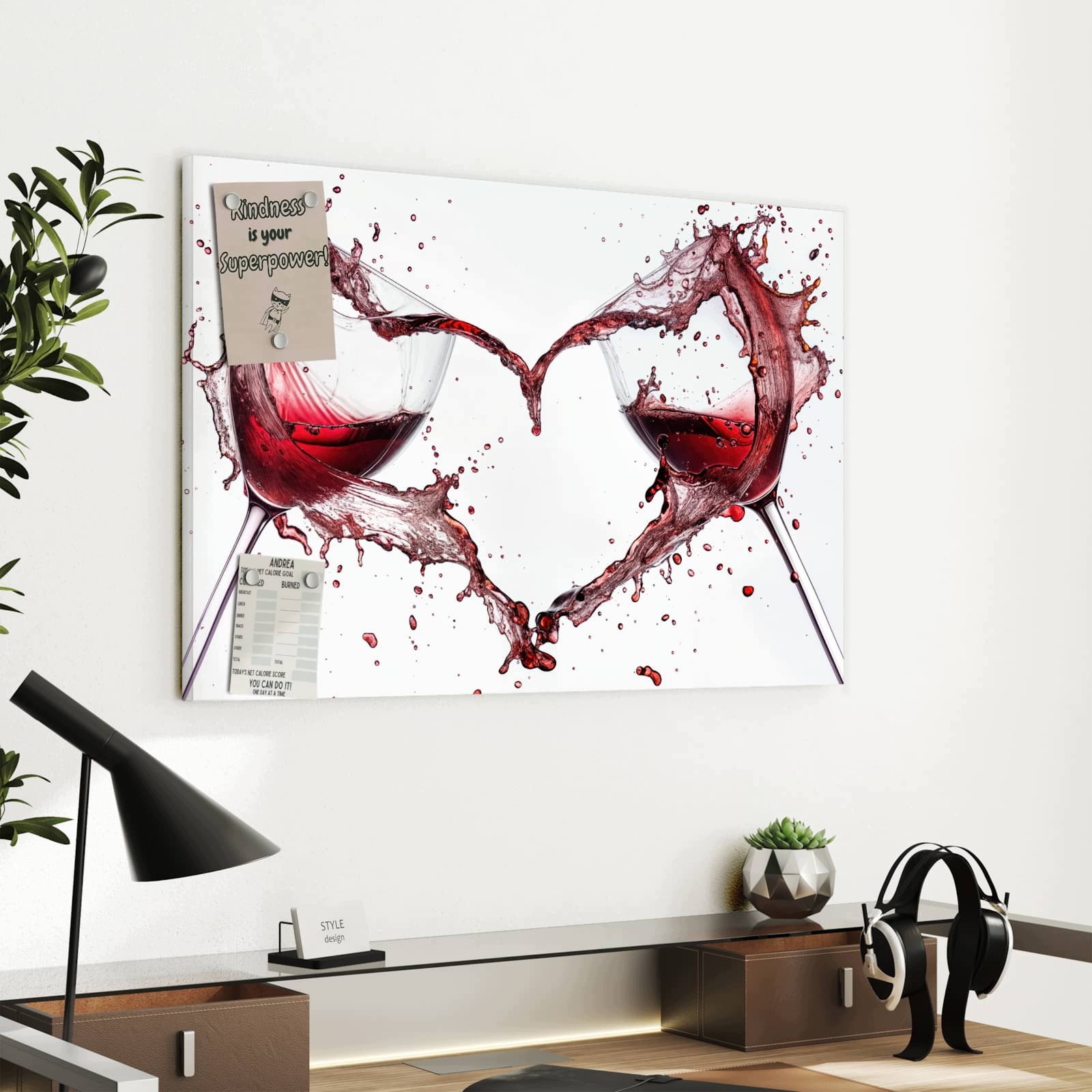 Magnetická tabule Skleničky do vína Srdce 60 × 40 cm