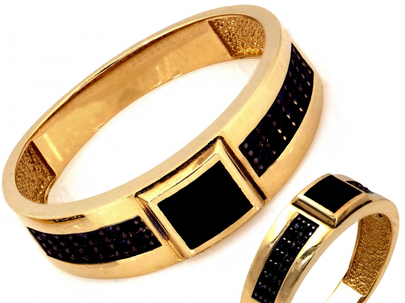 Zlatý prsten 585 14kt R26 s černými kameny a smaltem, váha 4.47 g dárek
