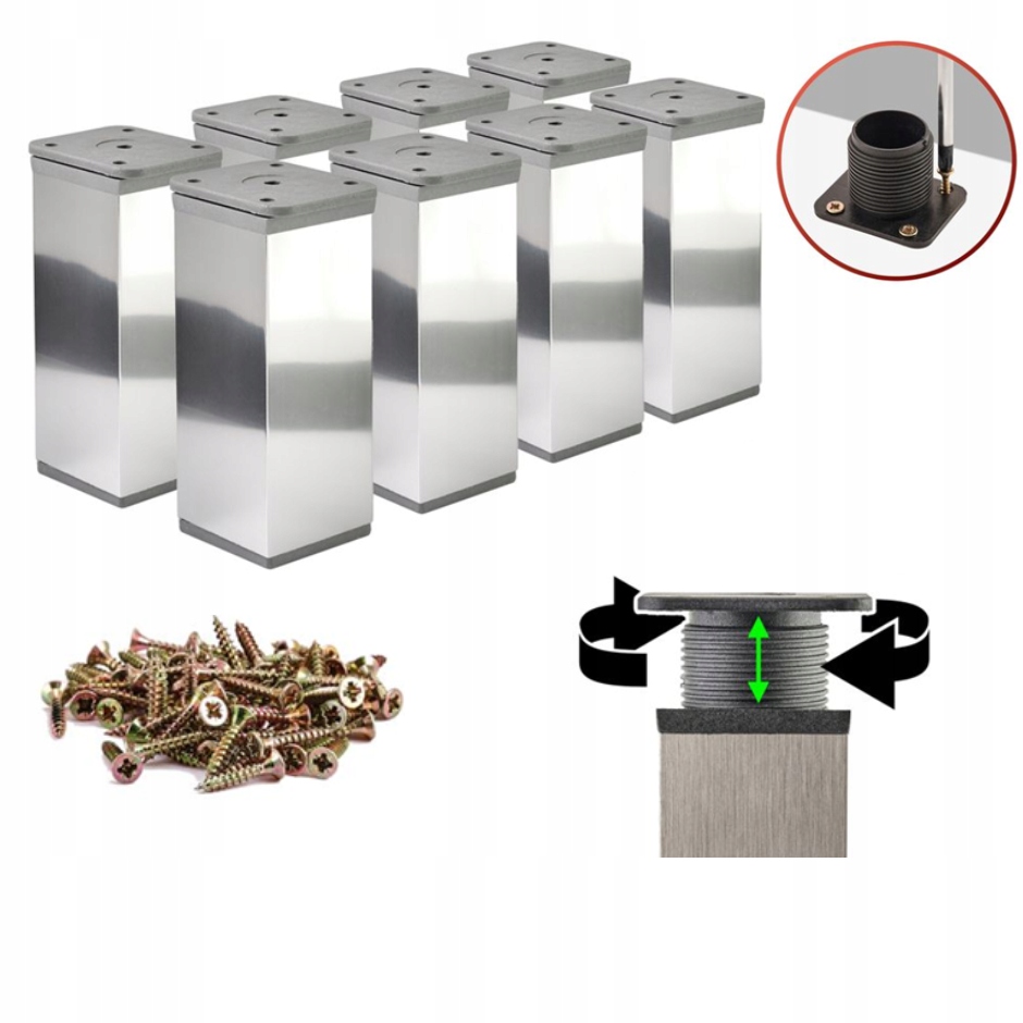 Nohy nábytkové nohy Chrom Nastavitelné pro nábytek H 10 cm Sada 8x Vruty