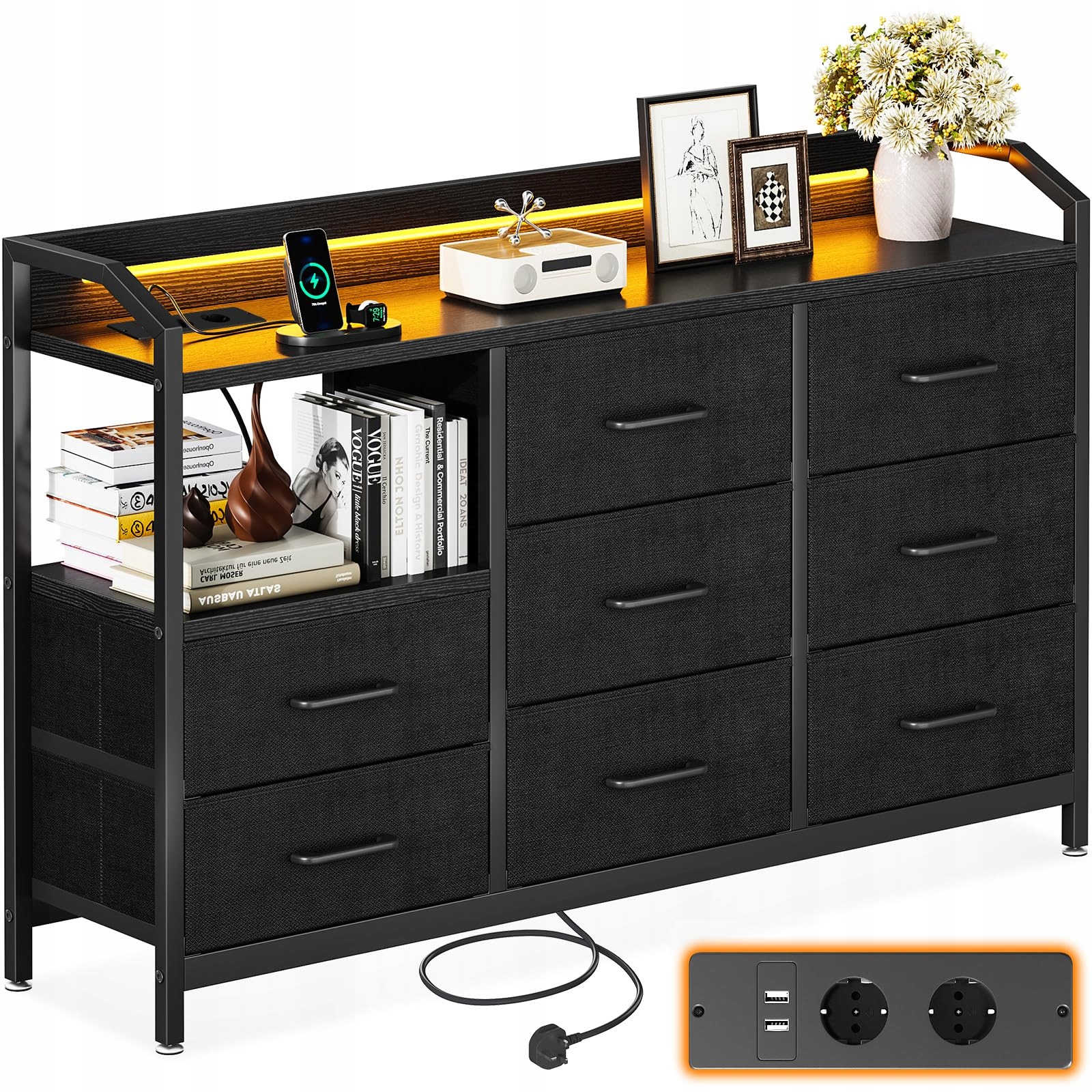 Komoda Led 110x30x88 cm čierna zásuvky Usb moderná