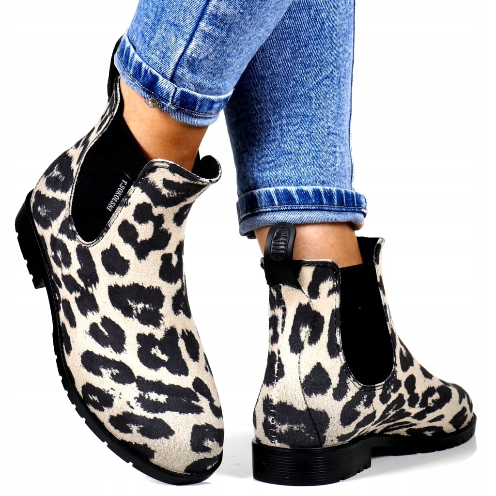 DAMSKIE KALOSZE KRÓTKIE POWLEKANE BEŻOWE PANTERKA Wzór dominujący bez wzoru