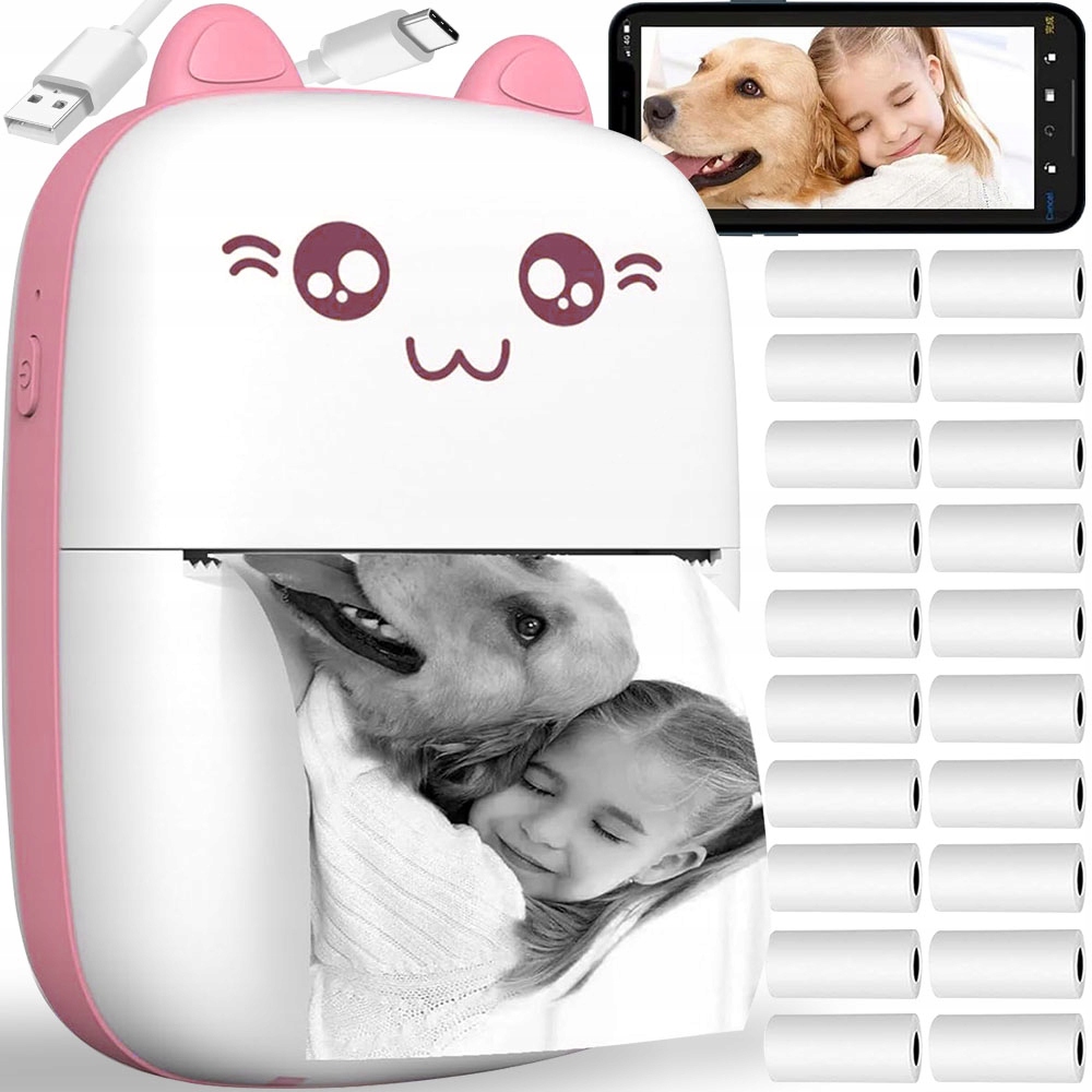 MINI DRUKARKA TERMICZNA DRUKUŚ PRZENOŚNA BEZPRZEWODOWA BLUETOOTH + 21 ROLEK