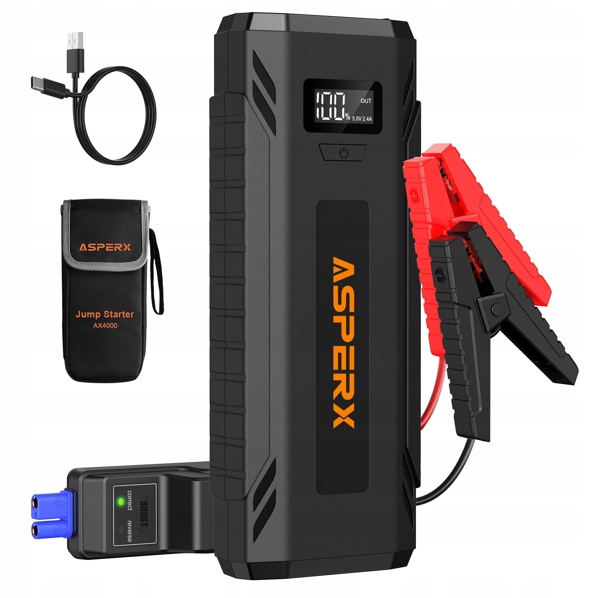 Jump Starter Powerbank Štartér Asperx AX4000 Automobilový Booster Svorky