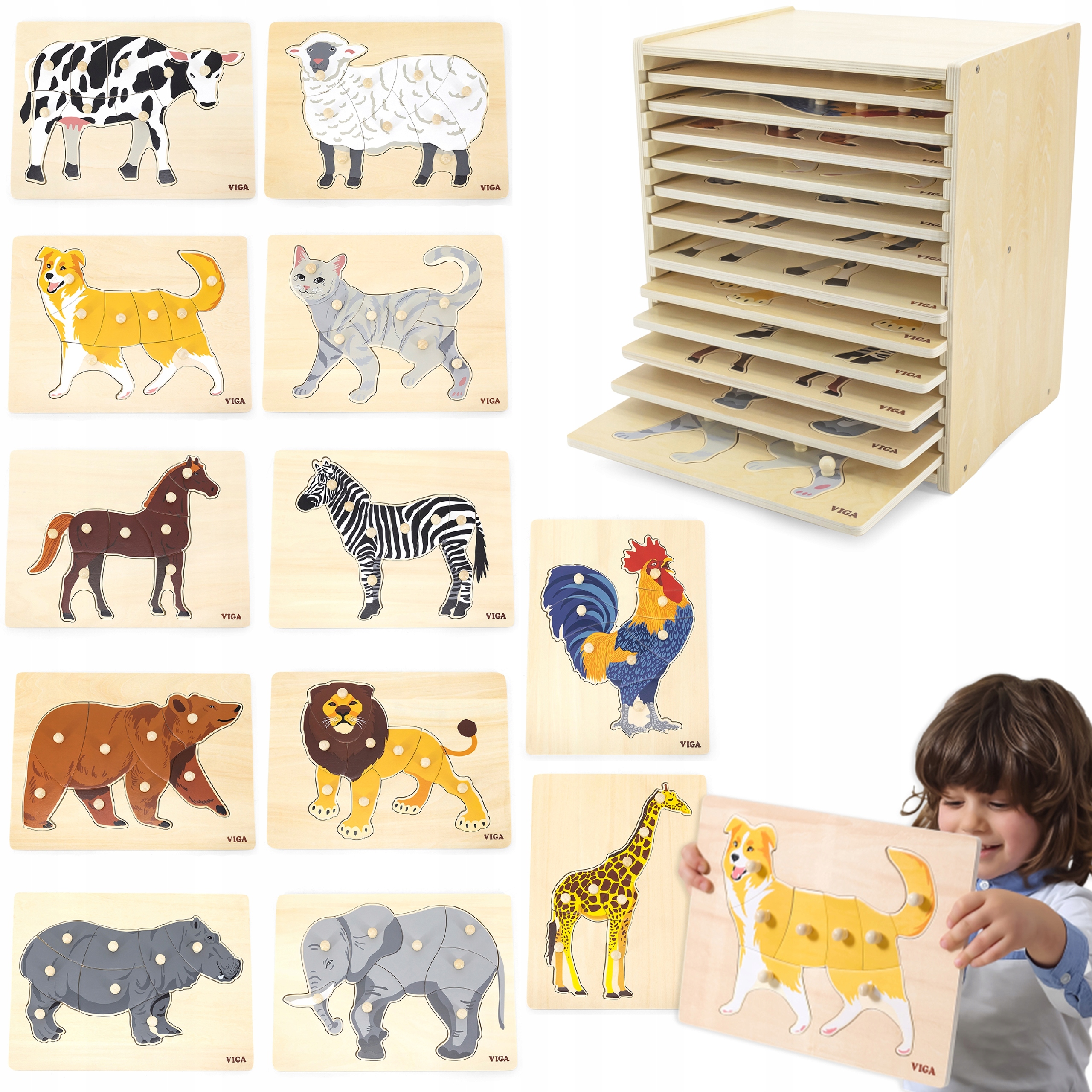Viga Zestaw Puzzle Drewniane 12 Układanek Zwierzątka Montessori Stojak