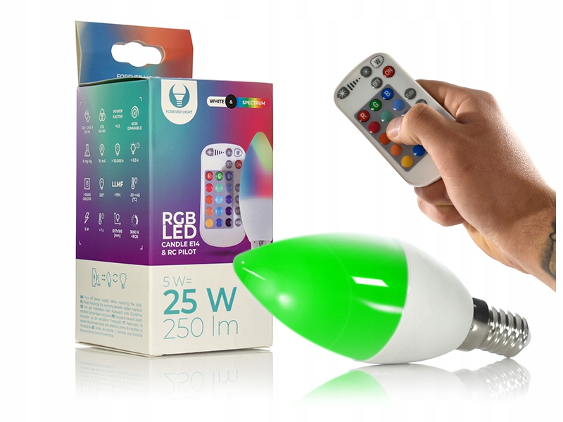 KOLOROWA ŻARÓWKA LED E14 RGB KOLORY CIENKI CHUDY GWINT RGB + W PILOT CIEPŁA Napięcie (V) 230V