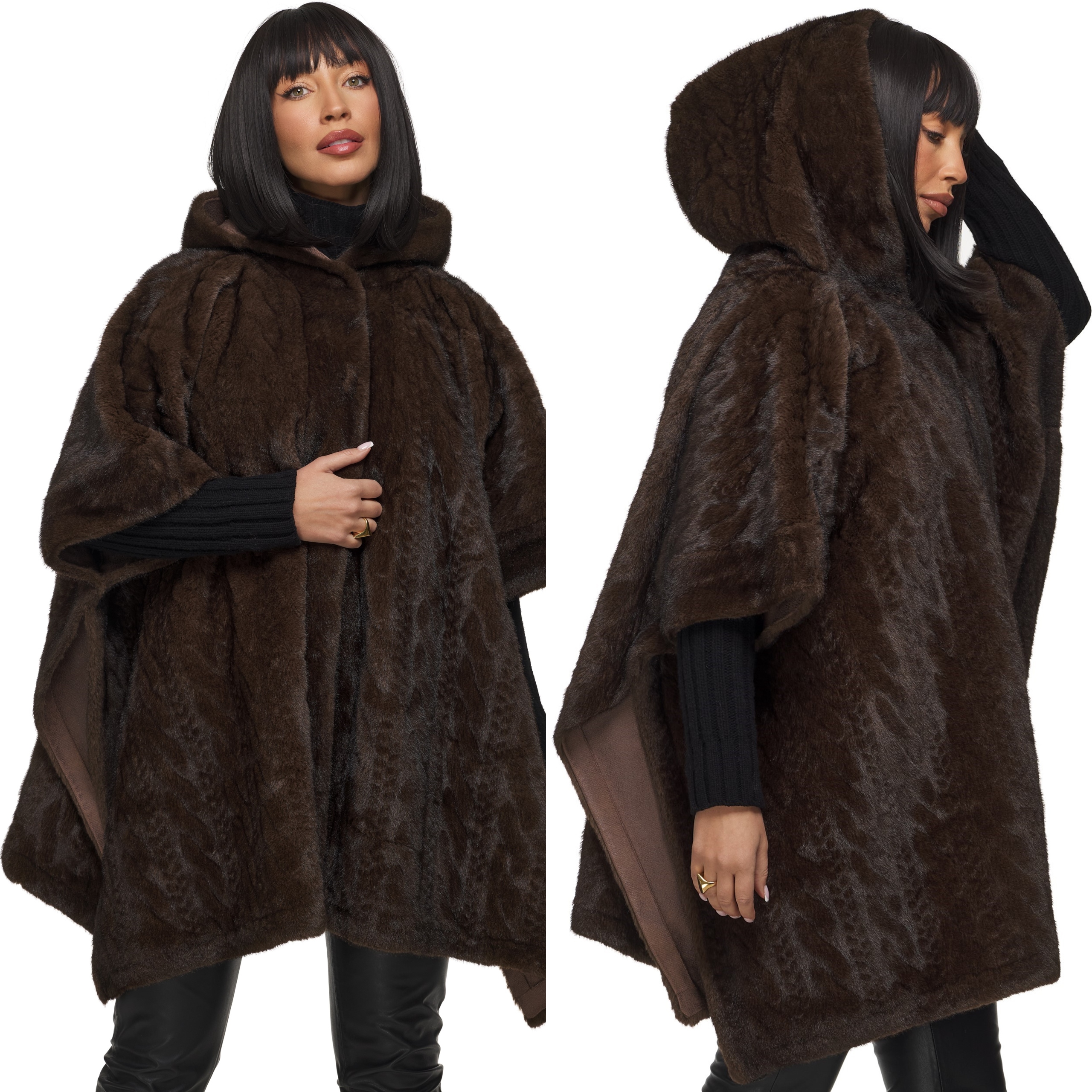 Dámské zimní pončo kabát s kožešina bunda pláštěnka přehoz čokoládové