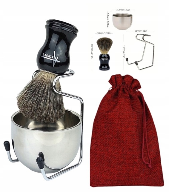 Prezent Pędzel do golenia z Borsuka Stojak Tygiel na mydło do golenia