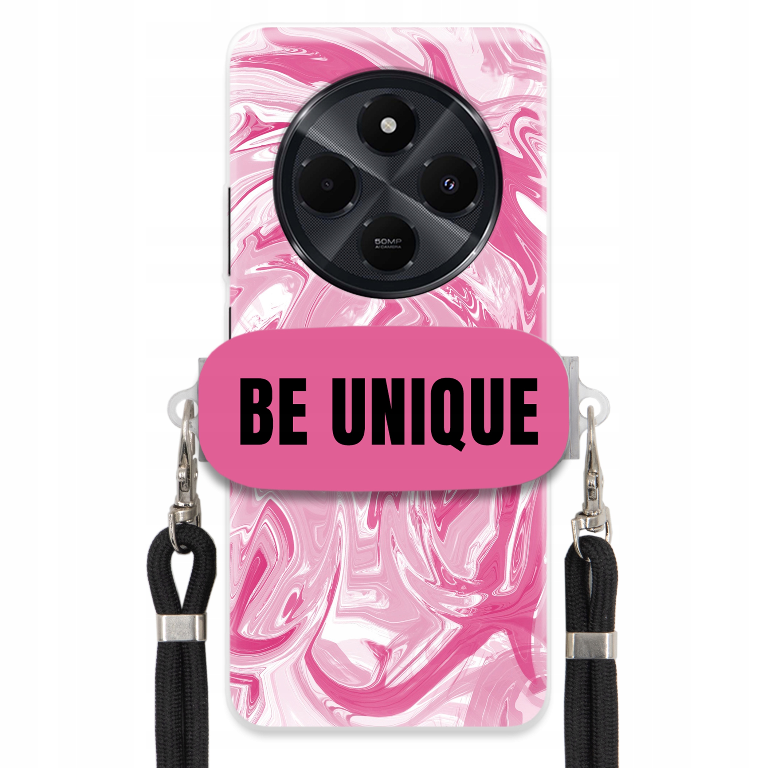 Puzdro pre Xiaomi Redmi 14C 4G Case držiak na šnúrku Čierna ružová Mramor Unique