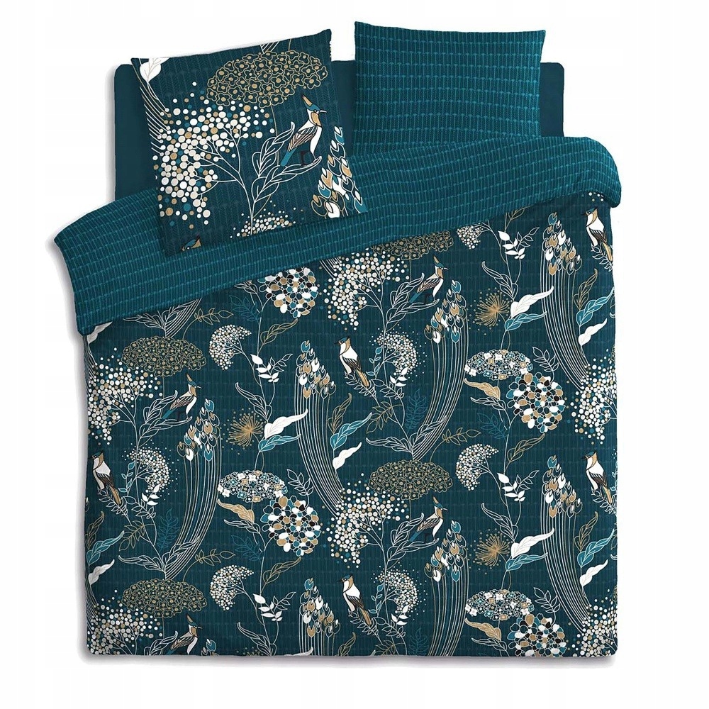 Pościel Bawełniana Dwuosobowa Kolor Morski Wzór Roślinny Pawie 220x240 CM