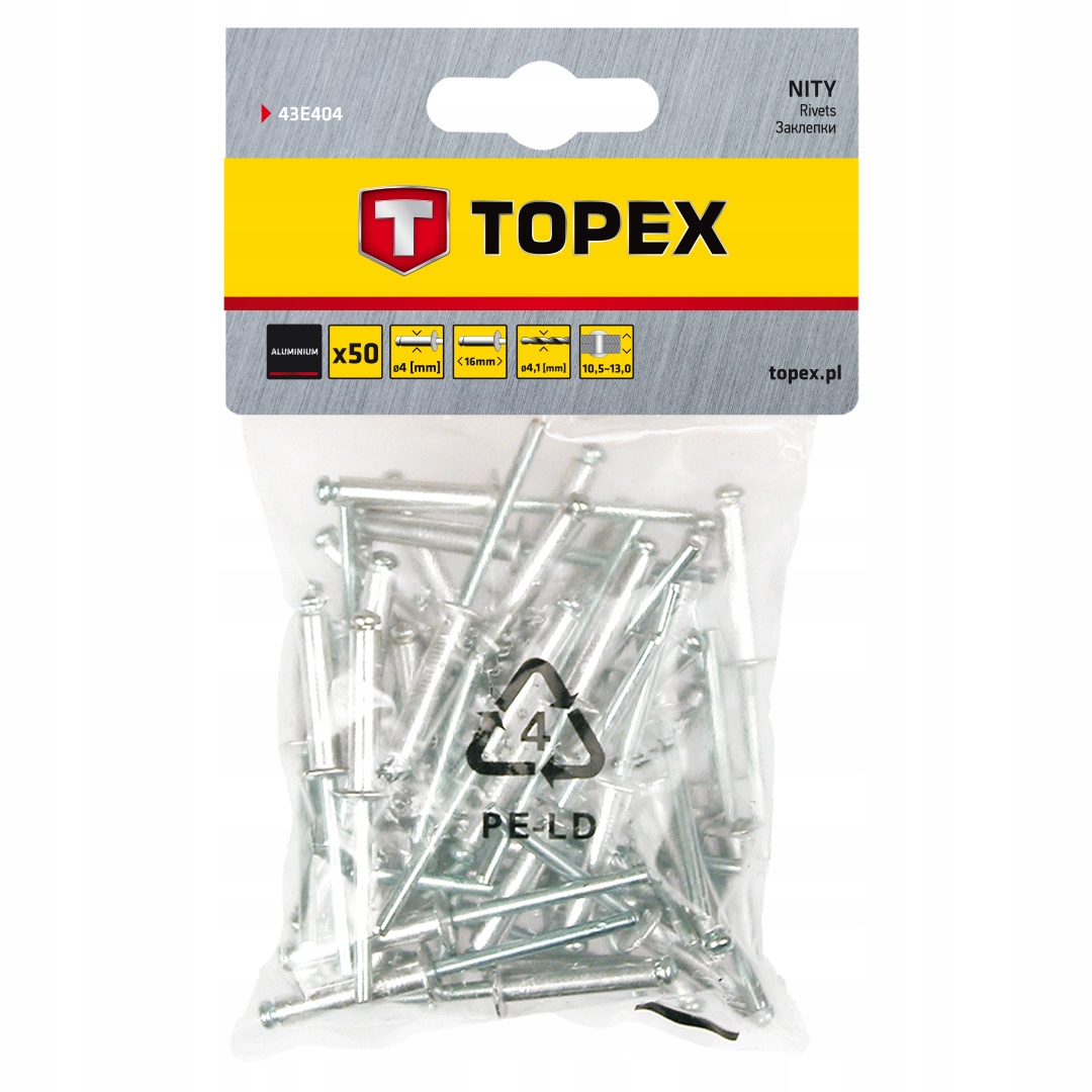 Nity aluminiowe 4.0mm x 16mm paczka nitów 50 sztuk Topex