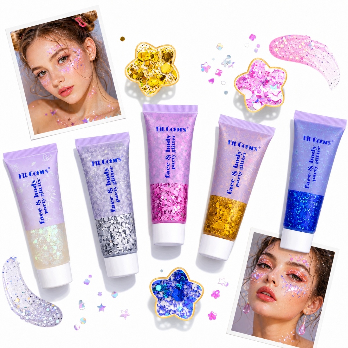 5 Sada Gel s brokátovým hologramem na obličej 50 ml pro plesy a večírky