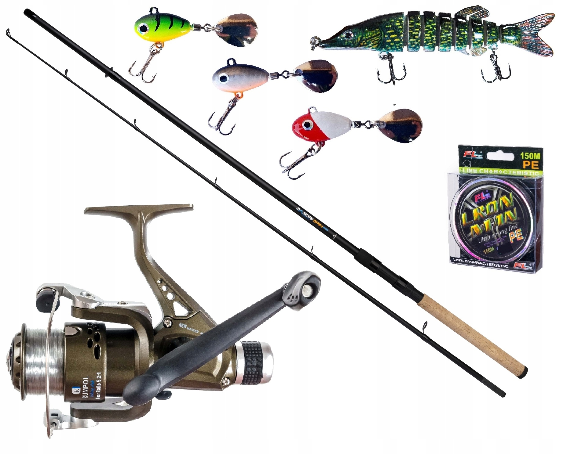 Zestaw Spinningowy Wędka Mikado na Szczupaka Kołowrotek Plecionka Wobler
