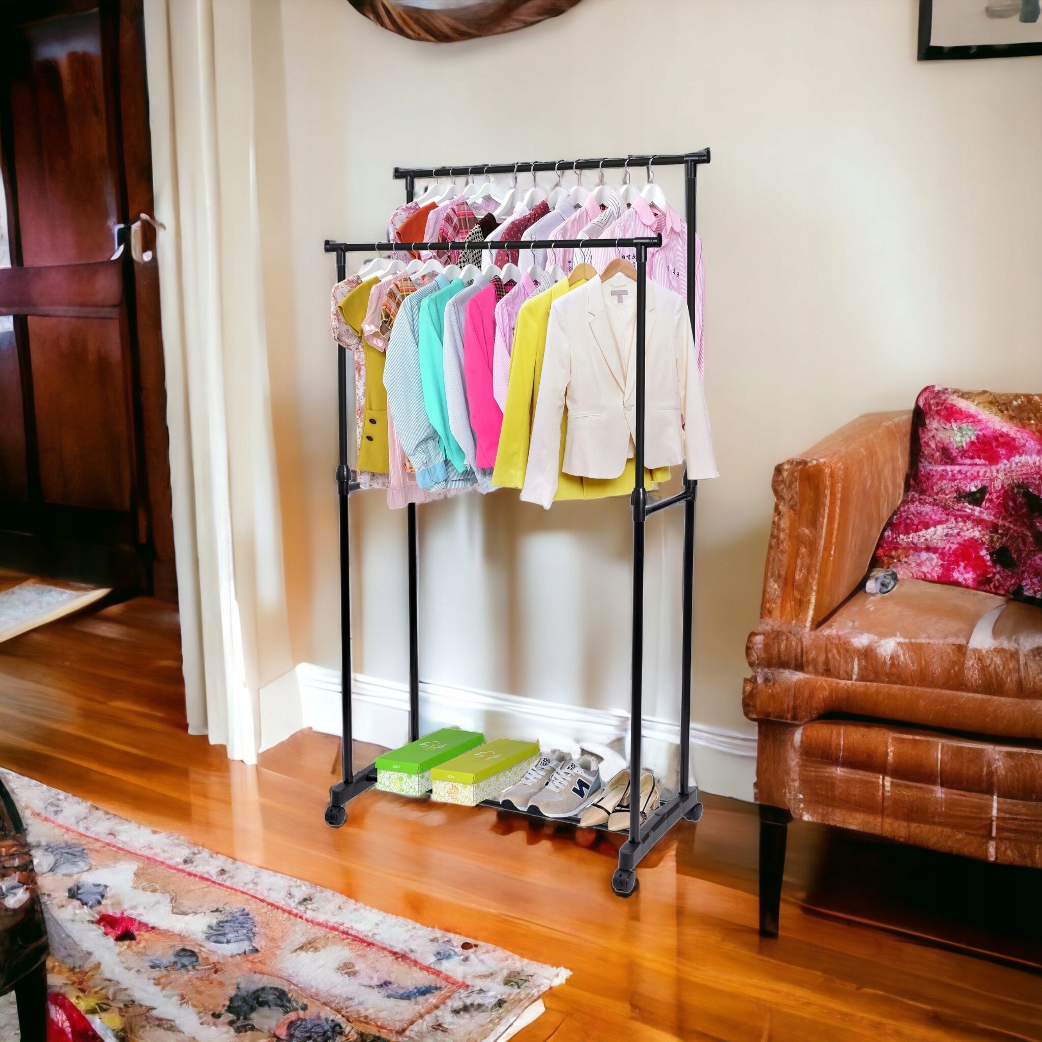 POJEMNY Podwójny Wieszak stojący regulowany 130cm Kolor mebla czarny