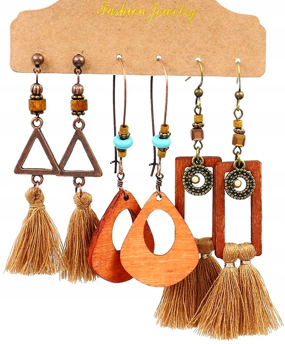 

Kolczyki Drewniane Vintage etniczne zestaw boho