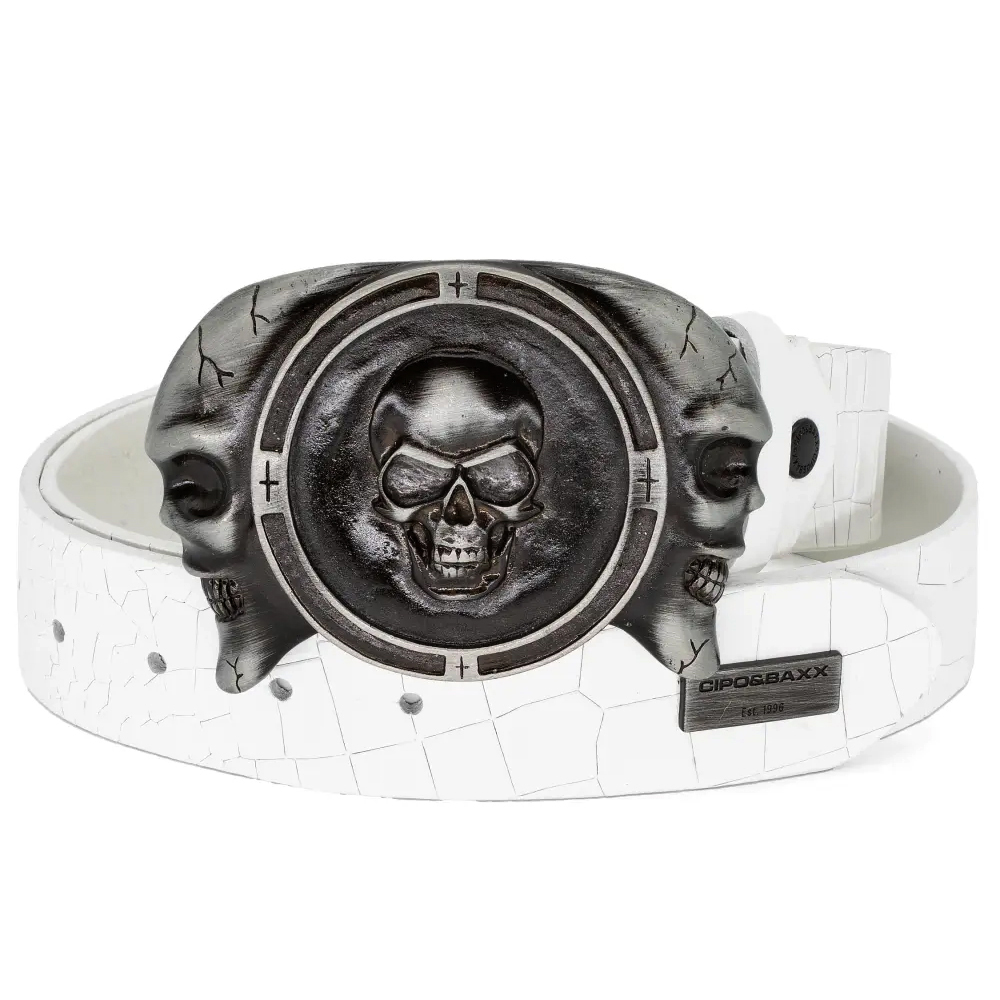 Pásek Pánský Cipo Baxx Vintage kůže Velká kovová spona s lebkami Skull