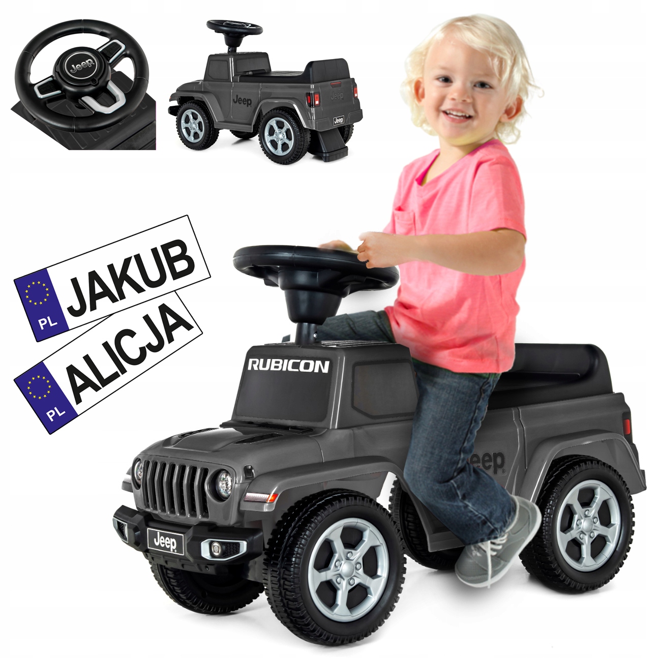 Duży Jeździk samochód Auto pchacz Jeep Rubicon chodzik Dźwięki schowek Koła