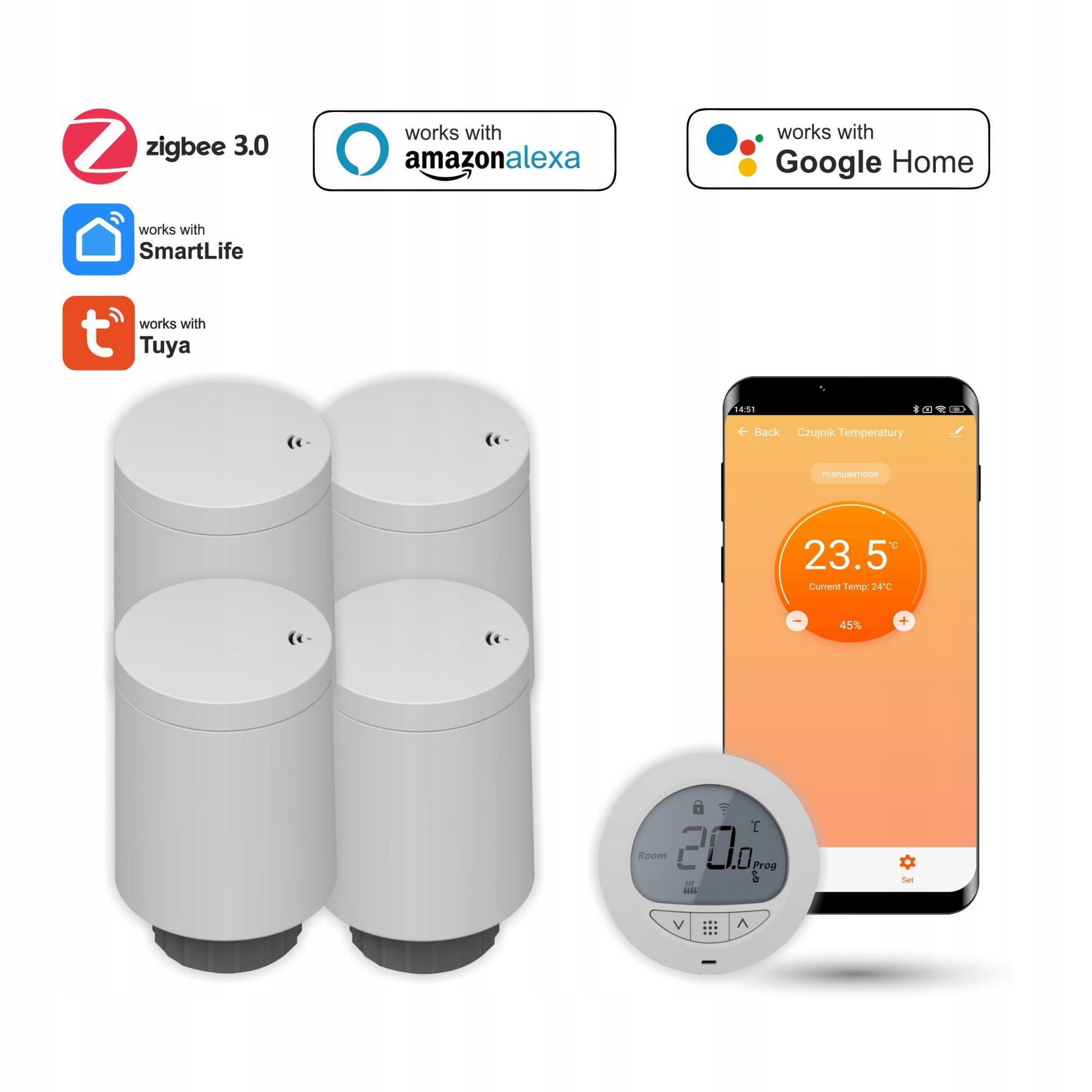 Sada so štyrmi radiátorovými hlavicami a termostatom Zigbee Tuya
