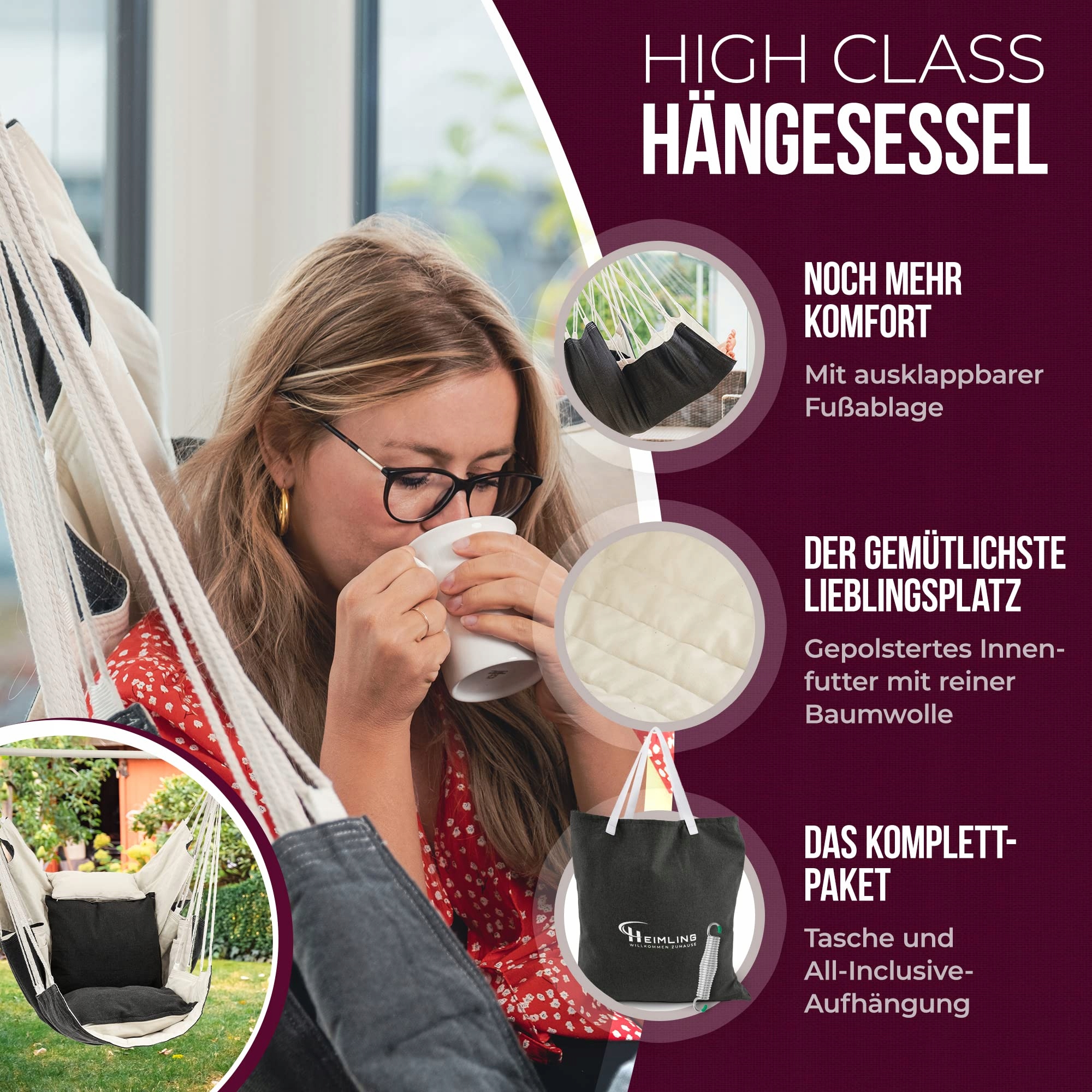 HEIMLING Fotel Wiszący XXL Zestaw Zawieszenie 3 Poduszki Do 150 kg Wersja 1 — miniatura 3