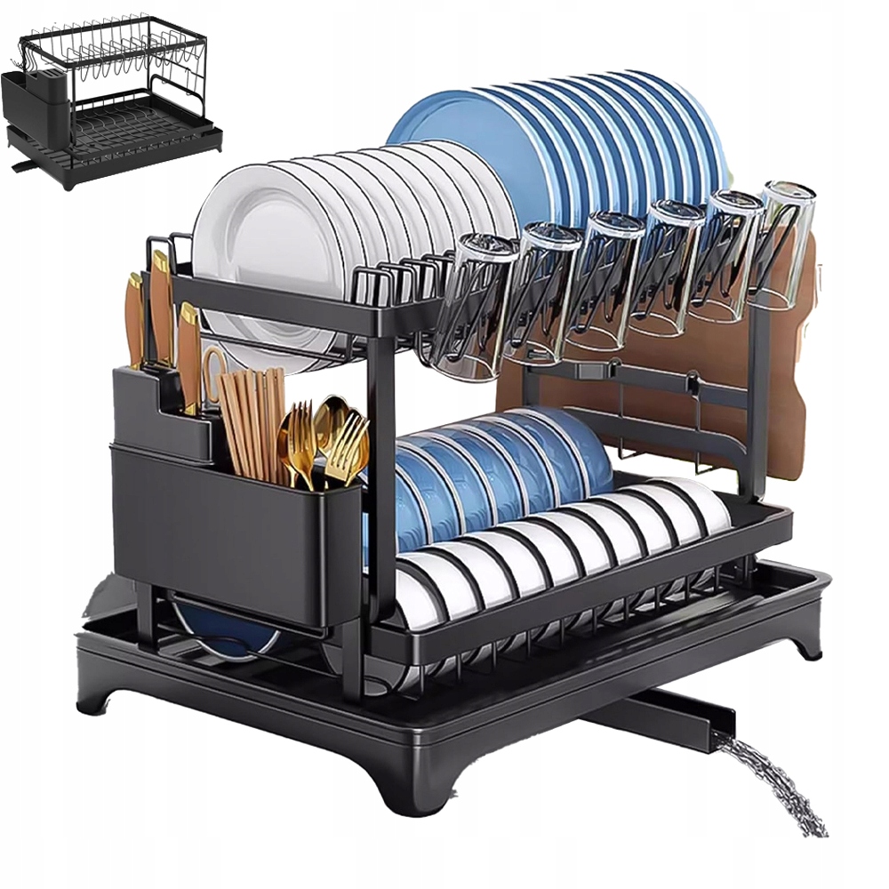 Dvojitý Stojan Na Sušení Nádobí S Odvodem Vody 42X32X30 CM, Černý