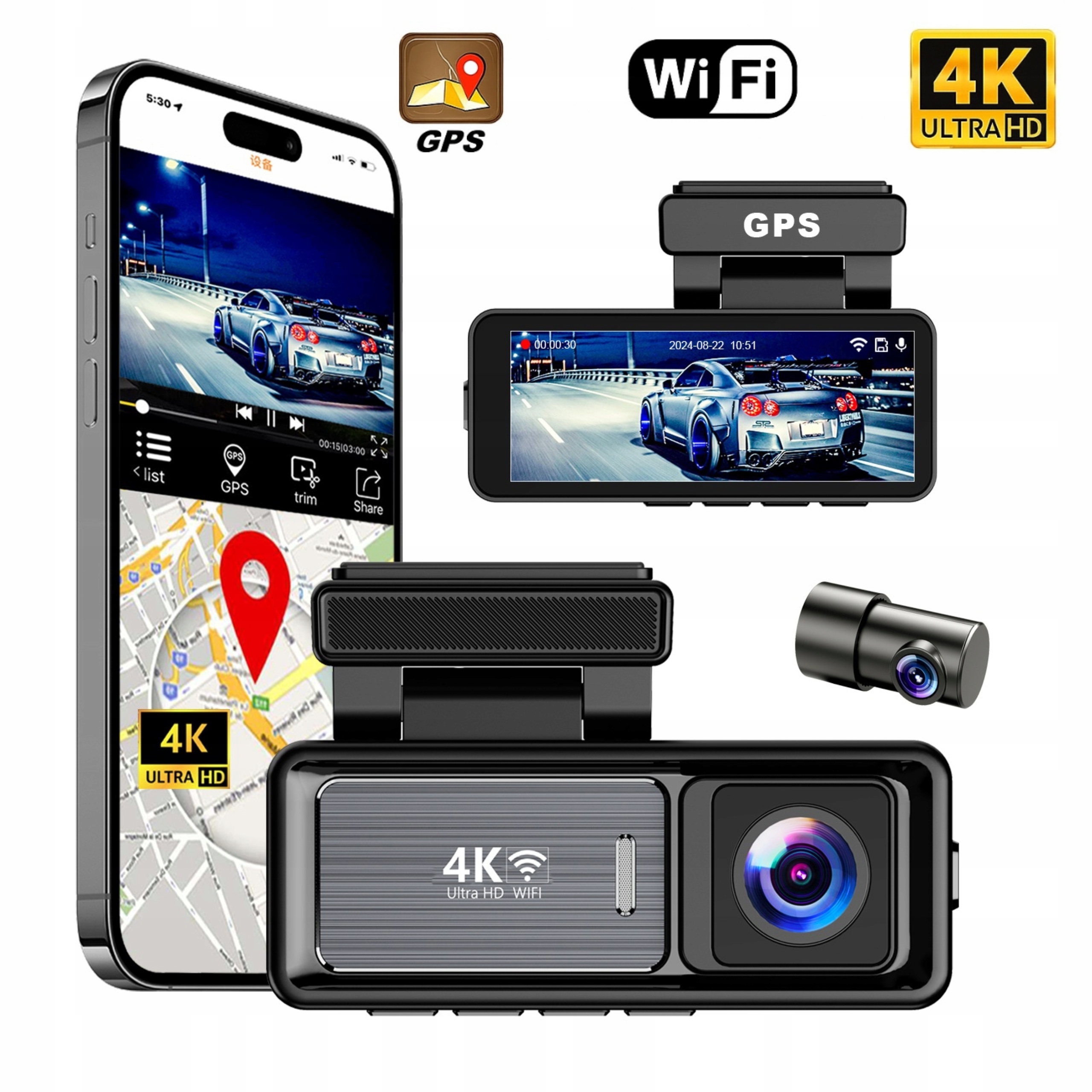 Videorekordér 4K Pro Autokamera S Gps Wifi Zadná Kamera Pro