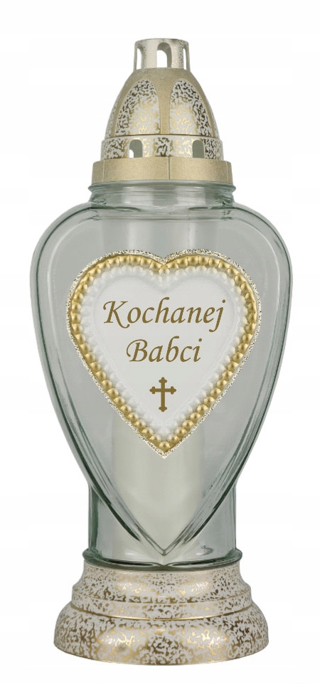 

Znicz z dedykacją. Kochanej Babci. Biały. Serce.