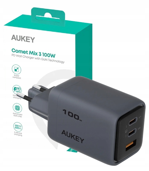 Aukey PA-C5 ładowarka 1xUSB i 2xUSB-C 100W PD3.0 GaN QC5.0 5A Pps Scp Afc