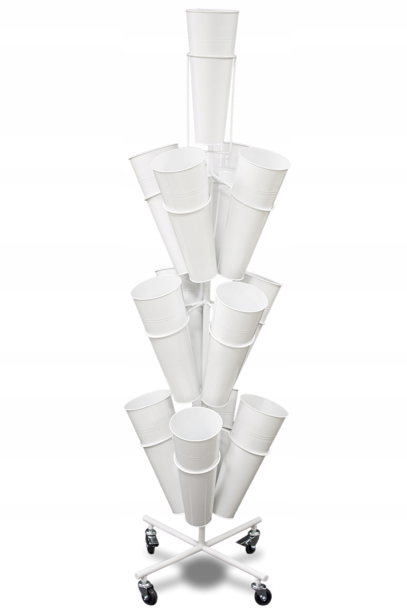 Biely, vysoký kovový dekoratívny otočný stojan na kvety pre kvetinárstvo