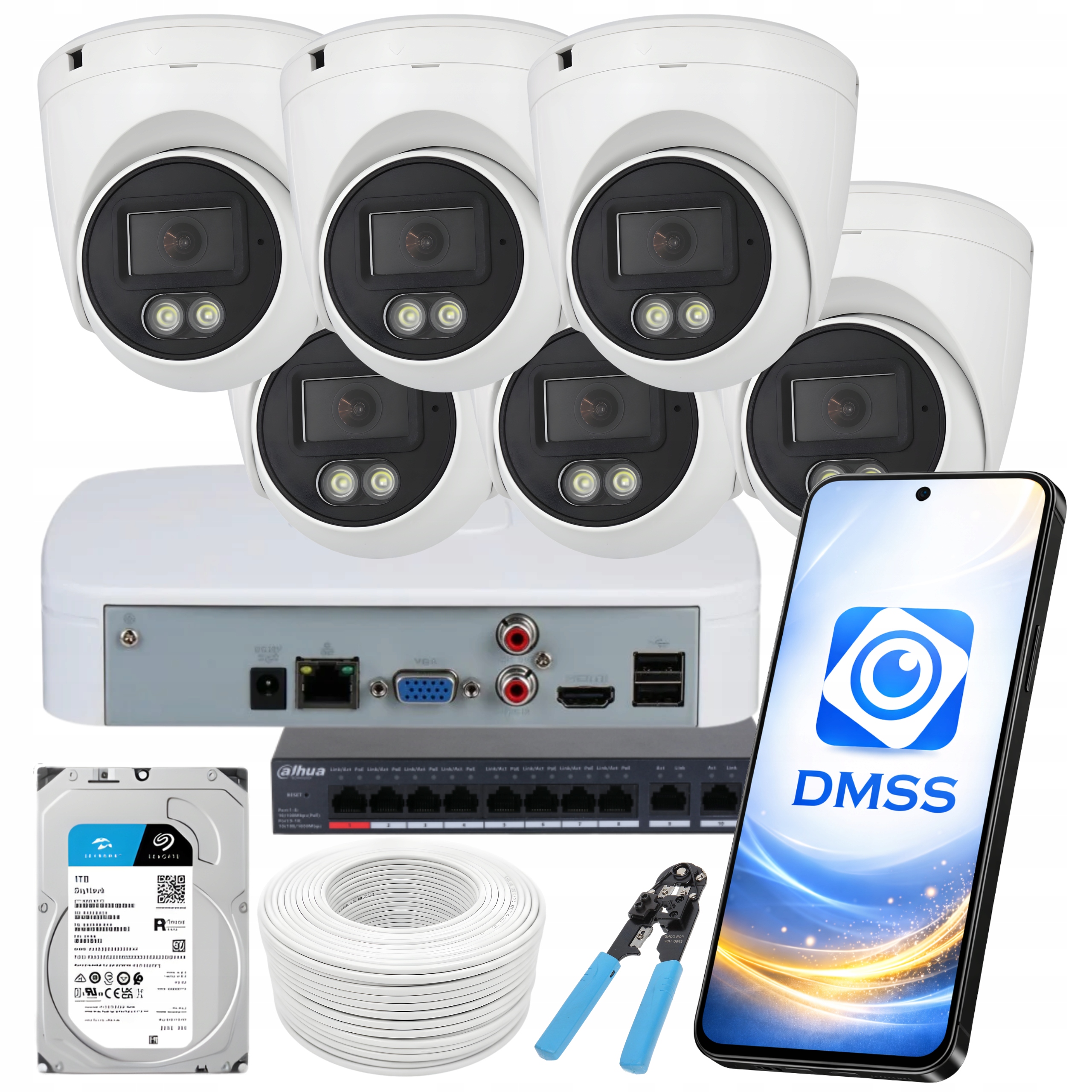 Monitorovací sada Dahua 6 Venkovních Ip Kamer Poe 4Mpx Dual Light 1TB