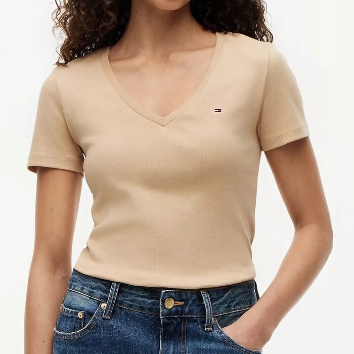 Tričko Tommy Hilfiger bavlněné, béžové, klasické, dámské, L (nové)