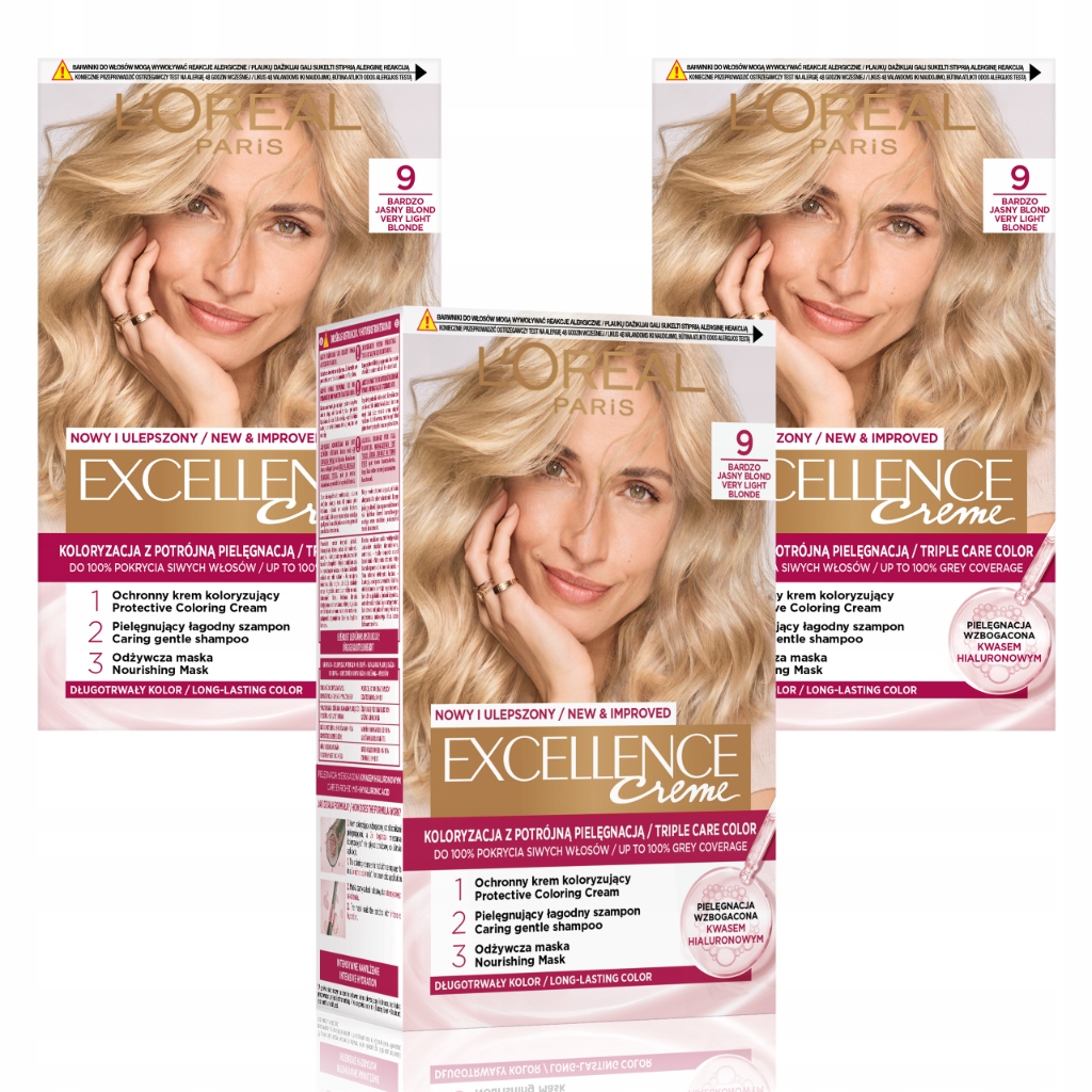 Zestaw 3x L'Oréal Excellence Creme Farba Do Włosów 9 Bardzo Jasny Blond