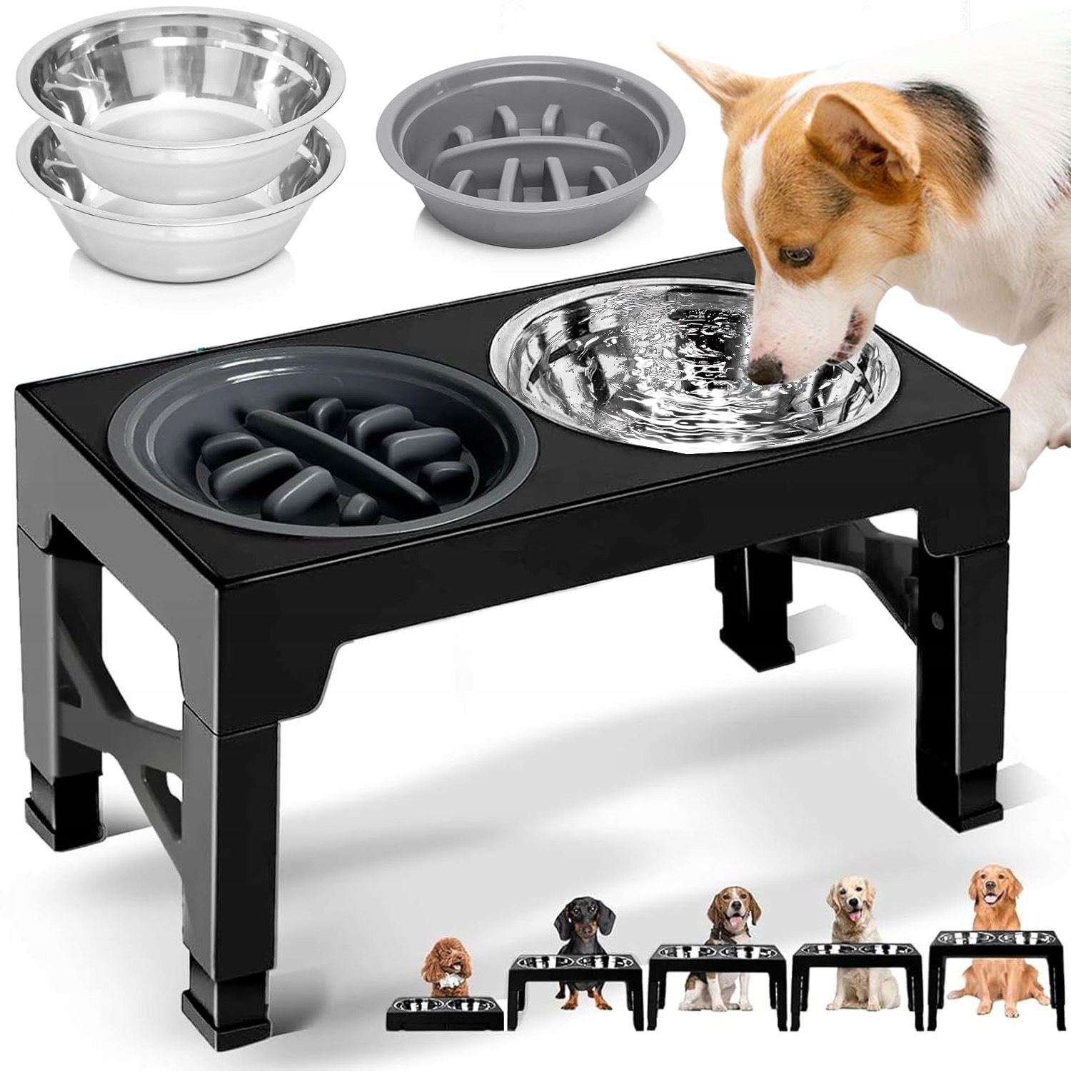 Levně Dvojitá Netekoucí Miska Pro Psa 2V1 Kovová S 5 Stojánky, Nastavitelná