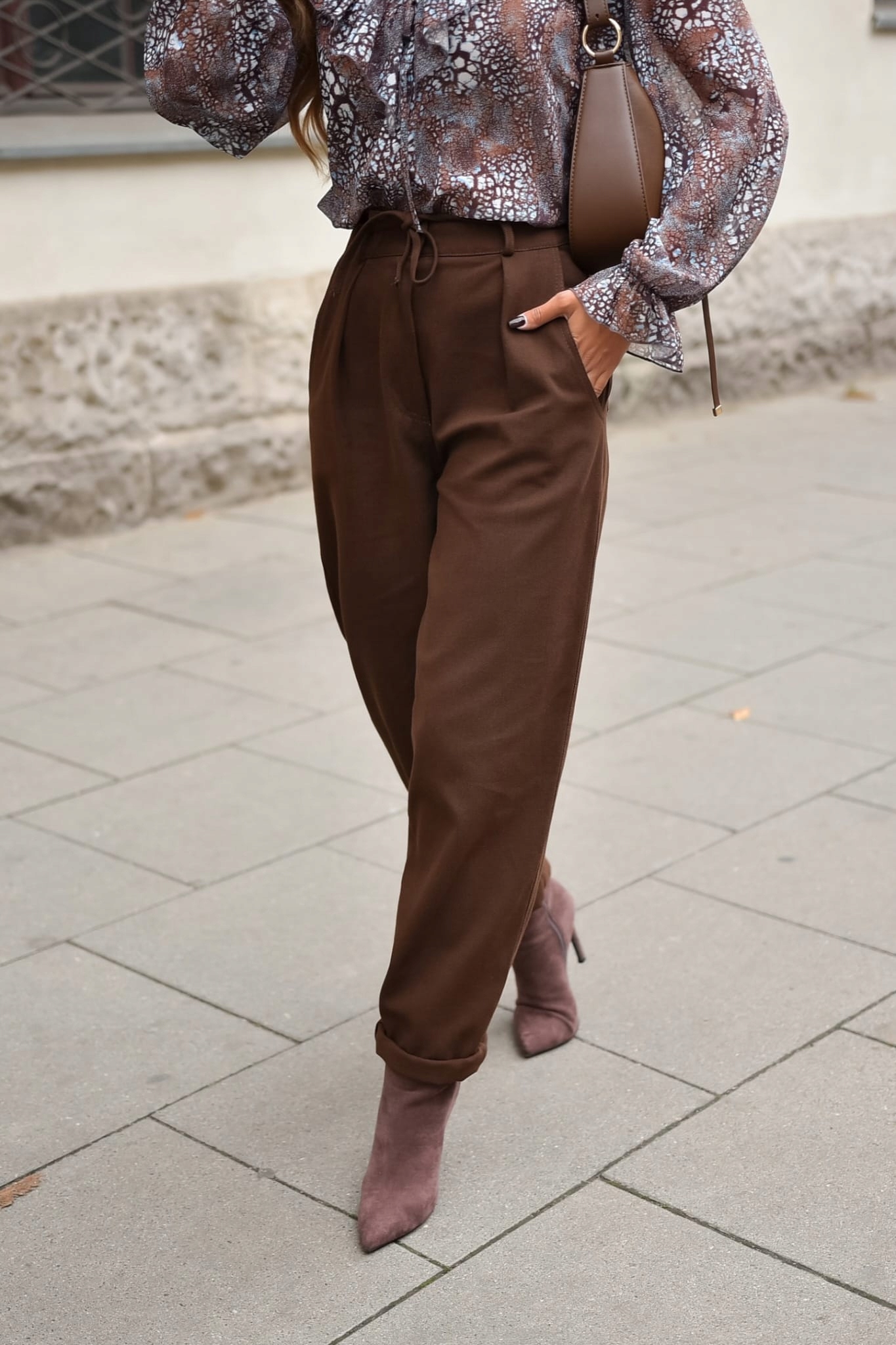 Dámské džínové kalhoty typu Baloon se zavazováním, Hnědé, velikost vel.