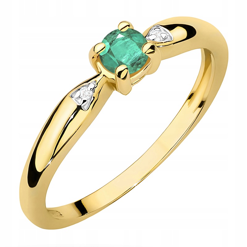 Piękny Złoty Pierścionek pr. 585 14k Szmaragd 0,15ct i Brylanty 0,01ct