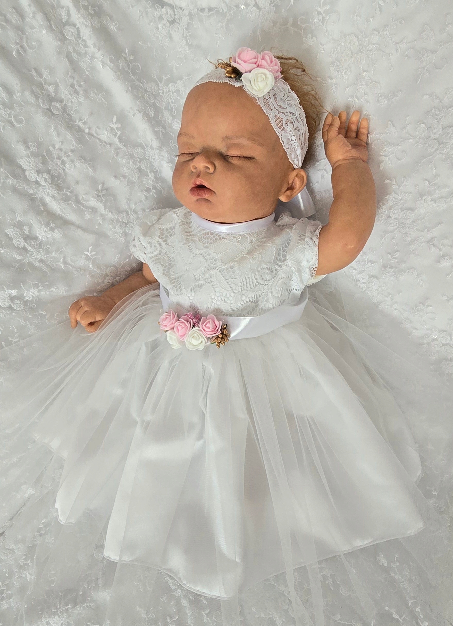 Sukienka Opaska Chrzest Różyczka Koronkowa 74 / 80 Rozmiar 74