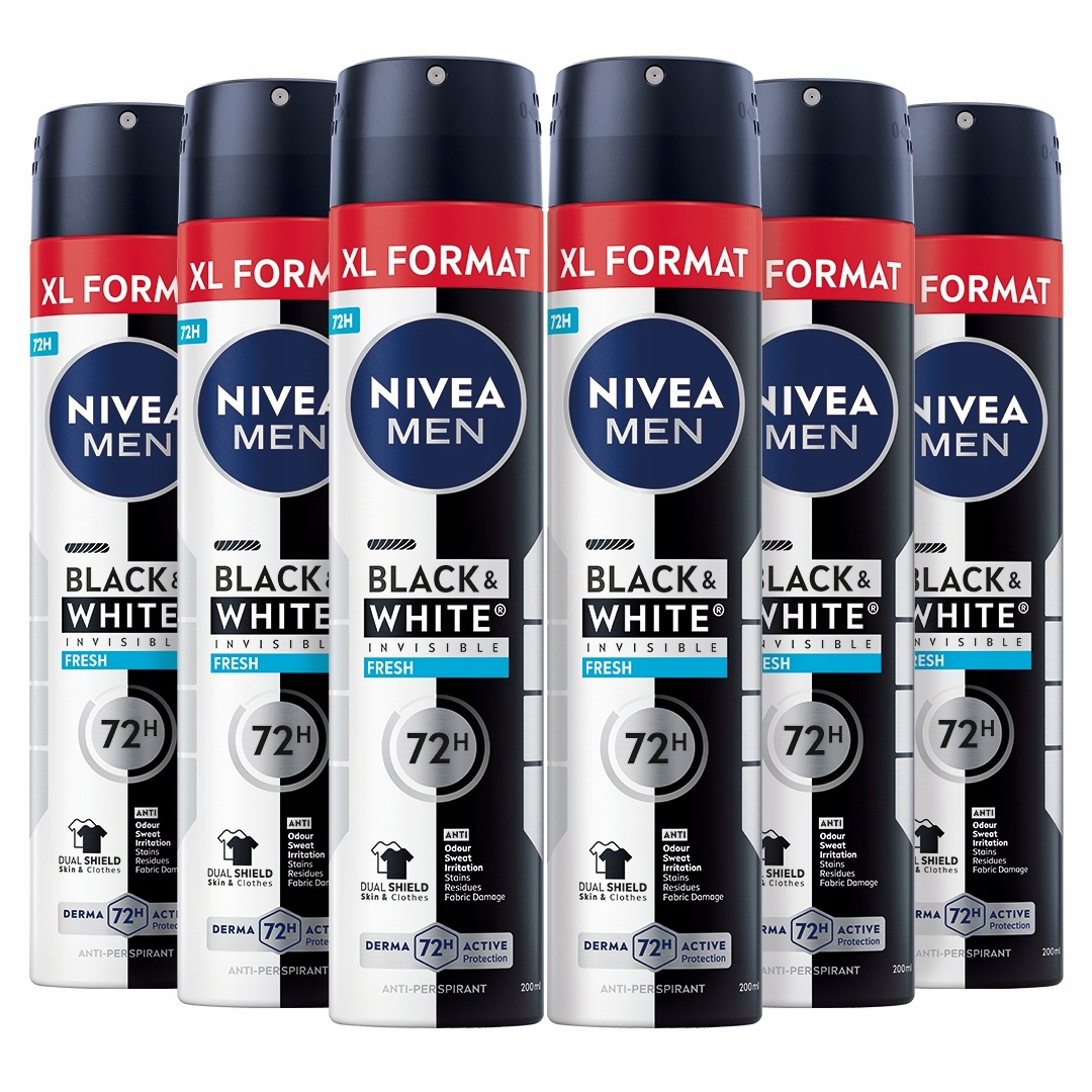 Nivea Men Black&White Zestaw Antyperspirantów męskich w sprayu 72h 6x200ml