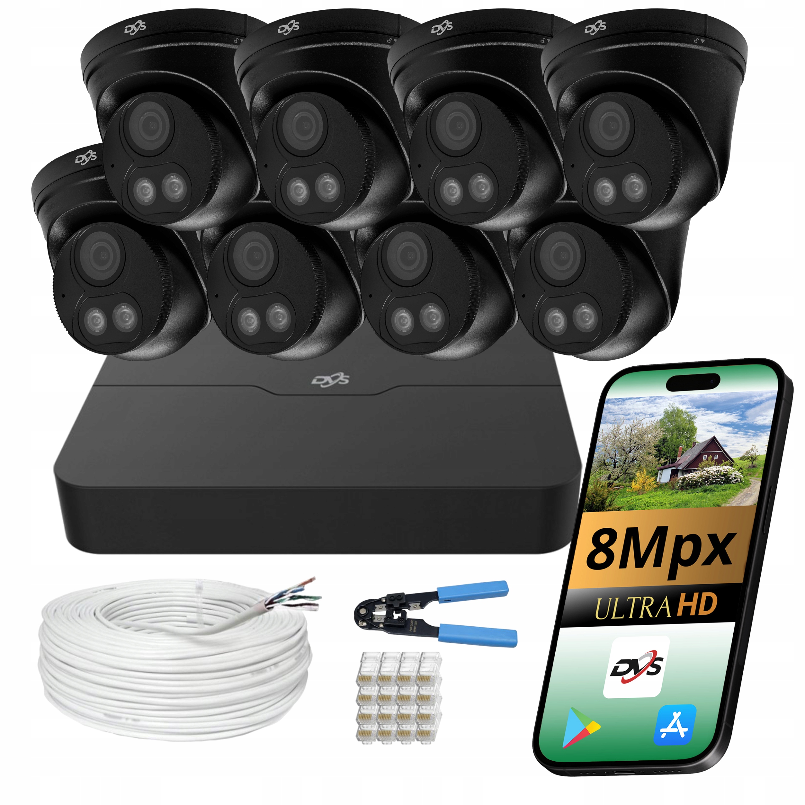 Sada pro monitorování Ip PoE Dvs 8 kopulovitých černých kamer 8Mpx 4K