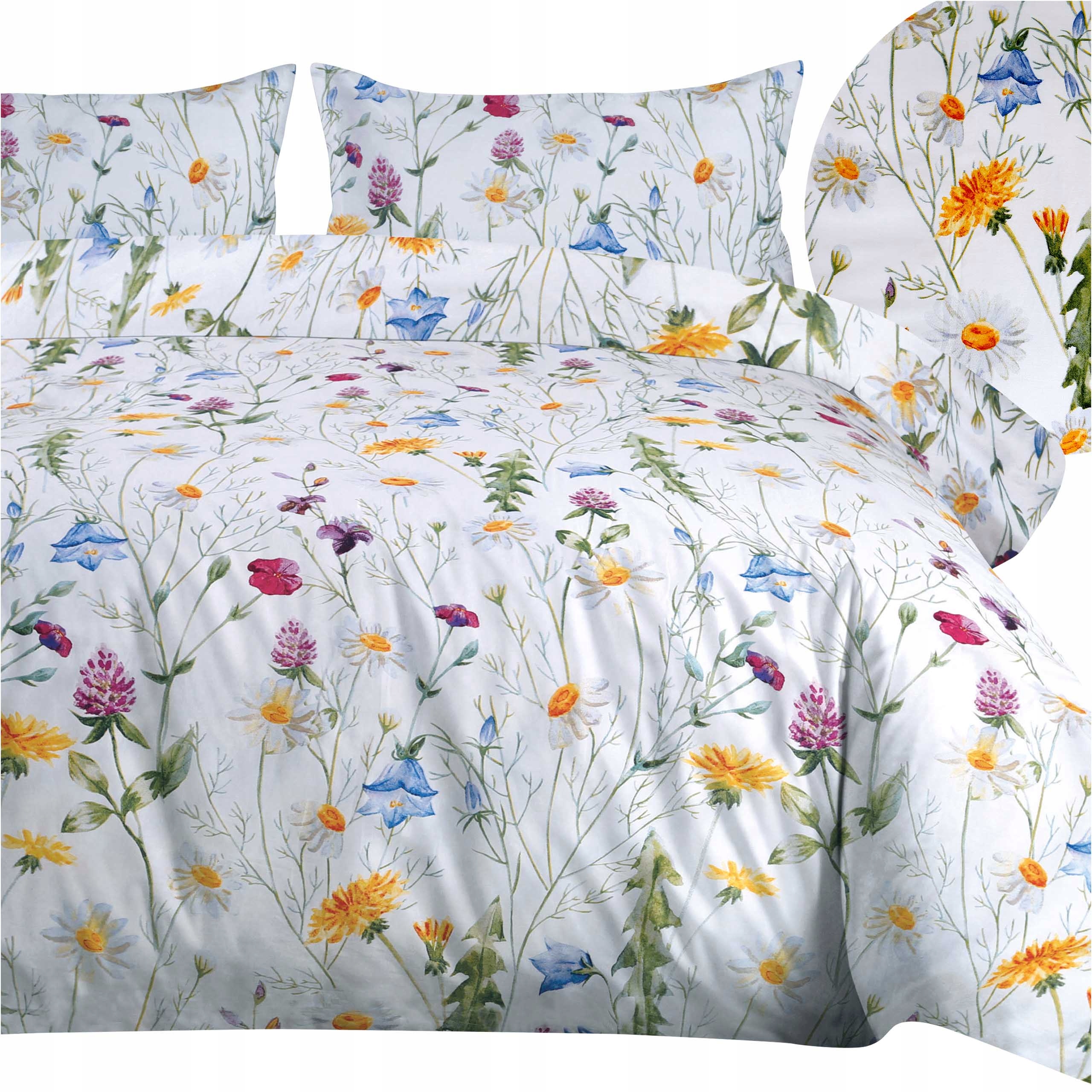 Pościel bawełniana 220x200 naturalna satyna biała kolorowe kwiaty wiosna