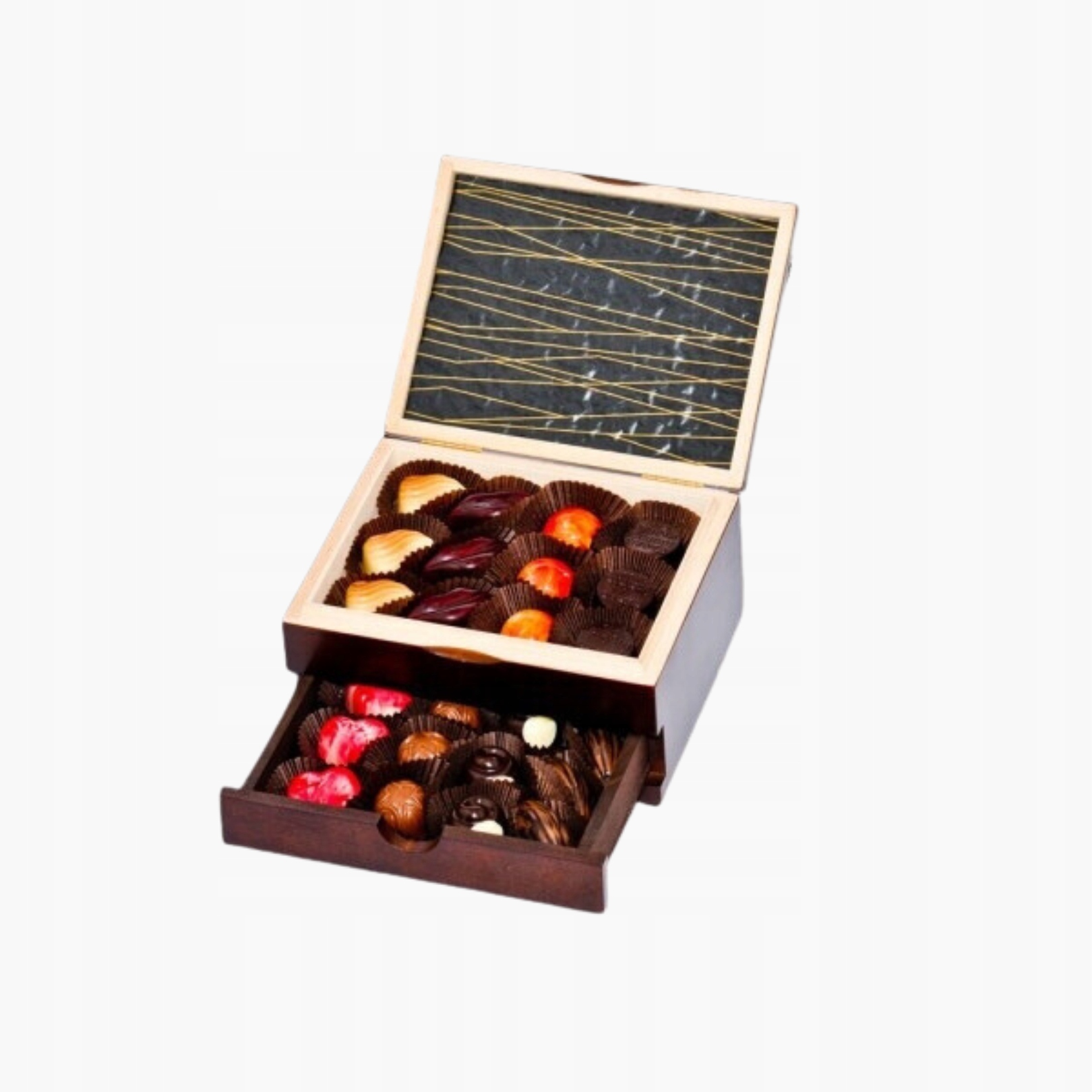 Levně Dřevěná krabička na pralinky se dvěma zásuvkami 30 ks Den matek