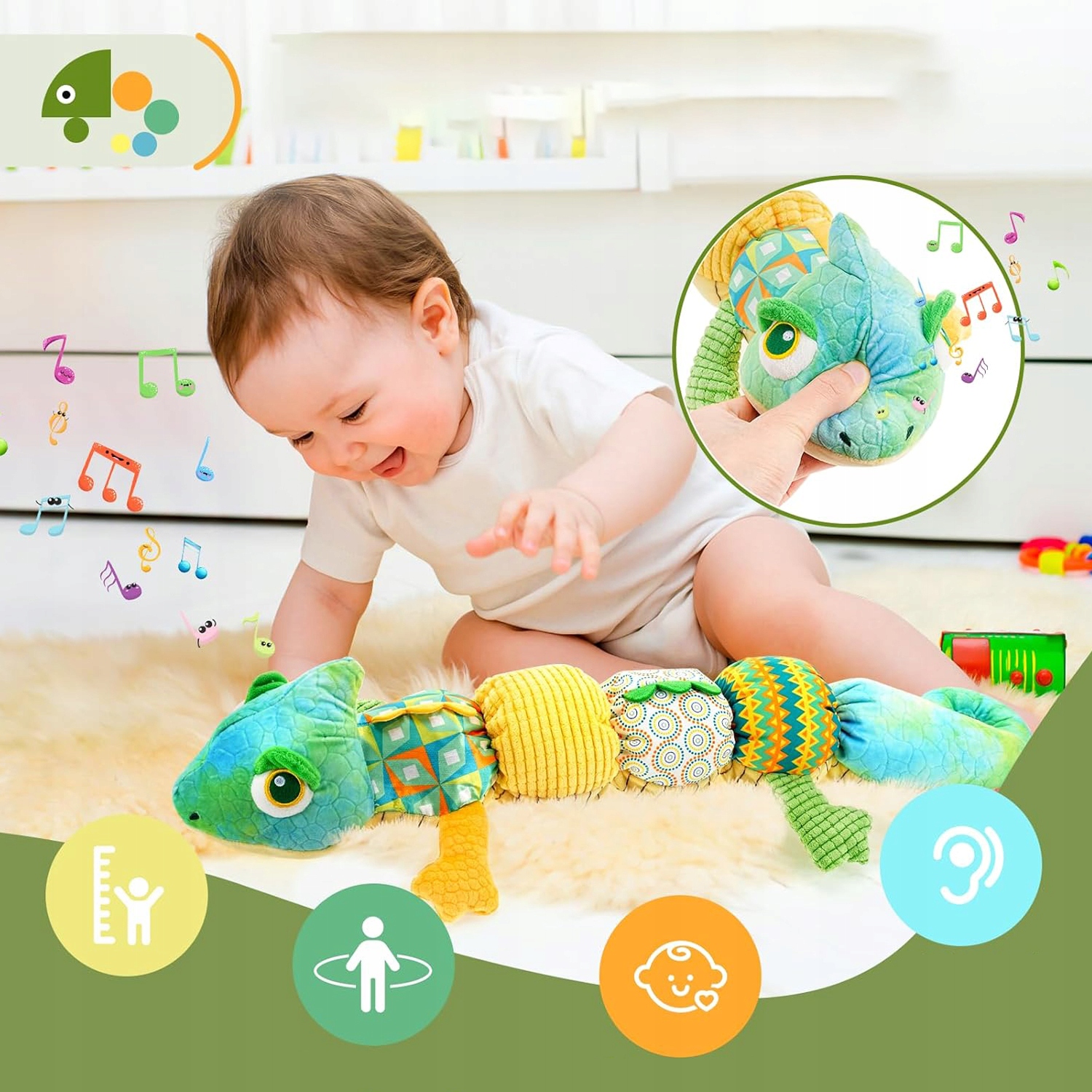 PLUSZOWA ZABAWKA KAMELEON SENSORYCZNA GRYZAK PISZCZAŁKA GRZECHOTKA MUZYKA Efekty dźwiękowe
