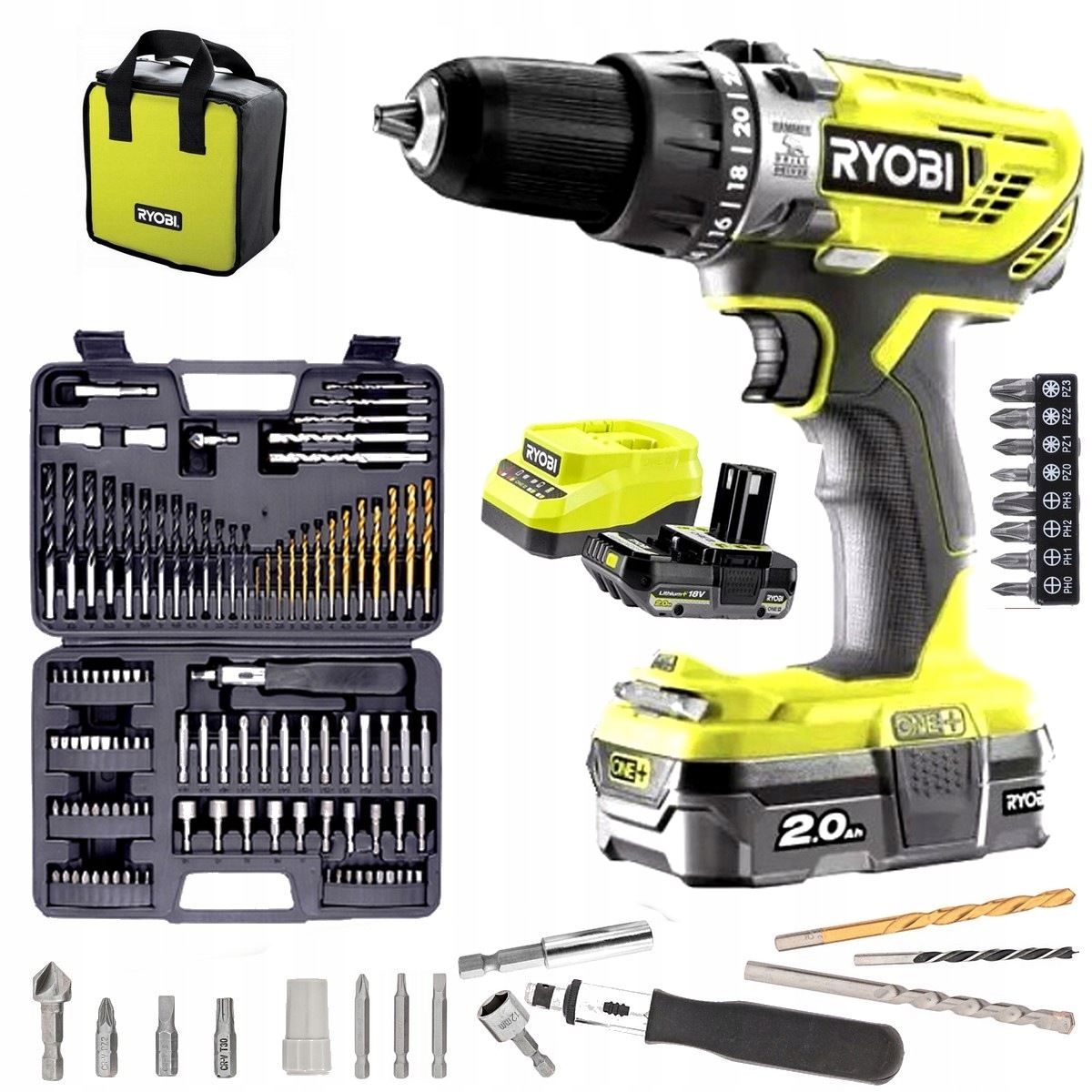 Wiertarko-wkrętarka Ryobi 2x aku 2Ah Mocna Udar 18V Torba Zestaw 109 el