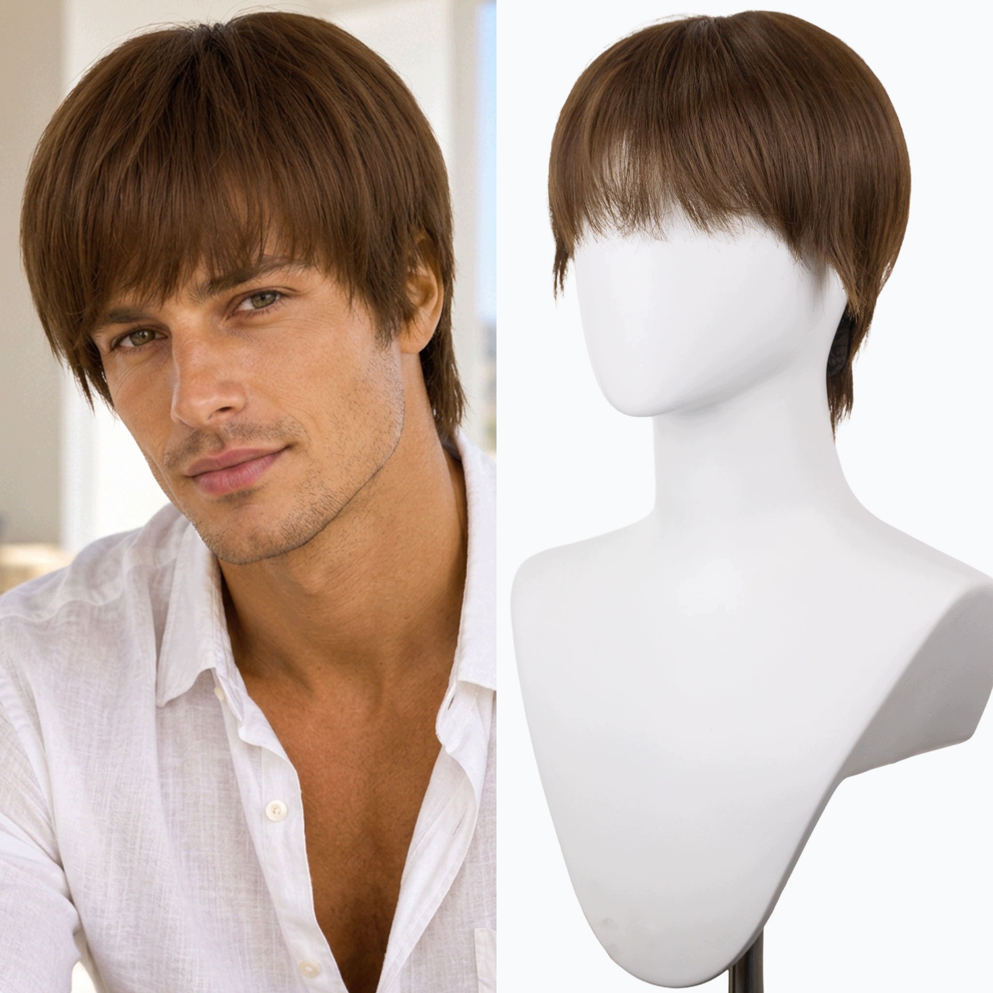 Peruka Syntetyczna Pixie cut krótka z grzywką lekka ciepły brąz Skin Top