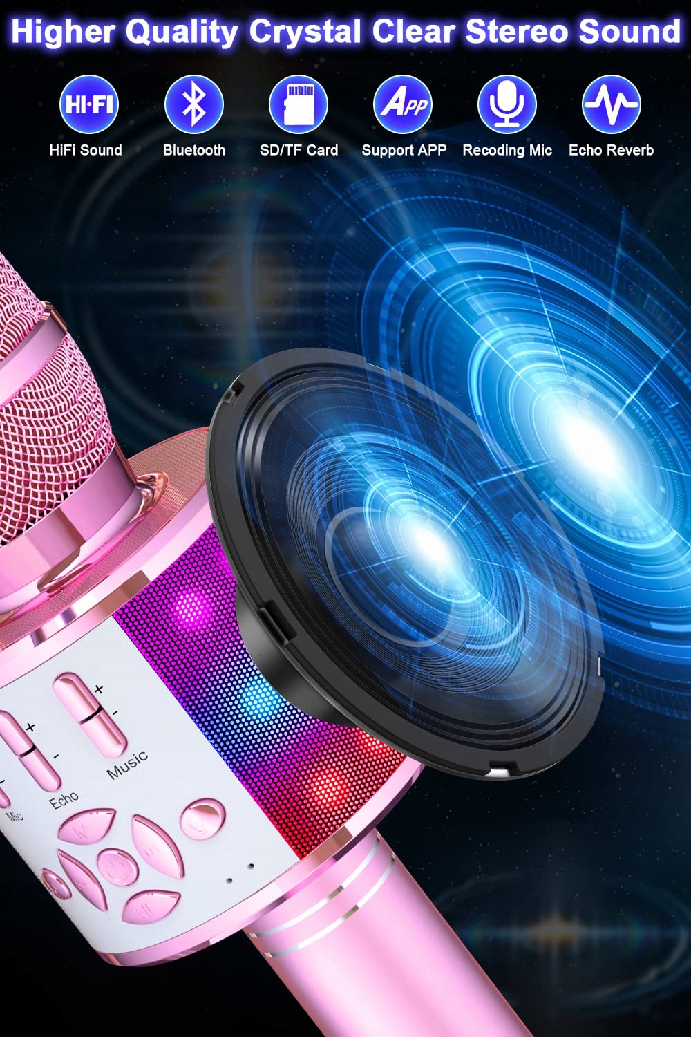 BONAOK Magiczny Mikrofon Karaoke Bluetooth Dla Dzieci i Dorosłych Różowy — miniatura 2