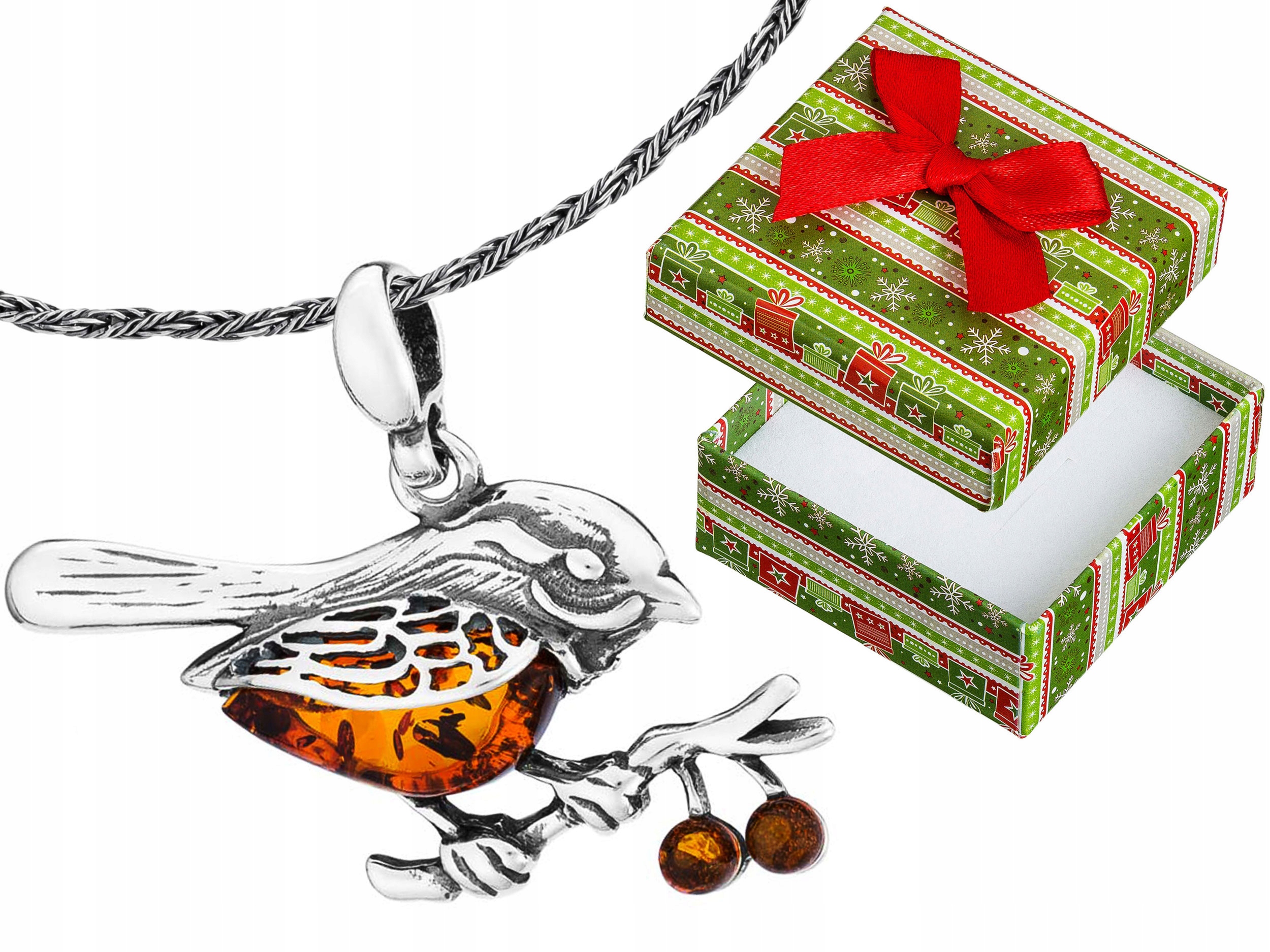 Dlouhý stříbrný dámský náhrdelník Pták Vrabec s jantarem Oxidovaný 90 cm