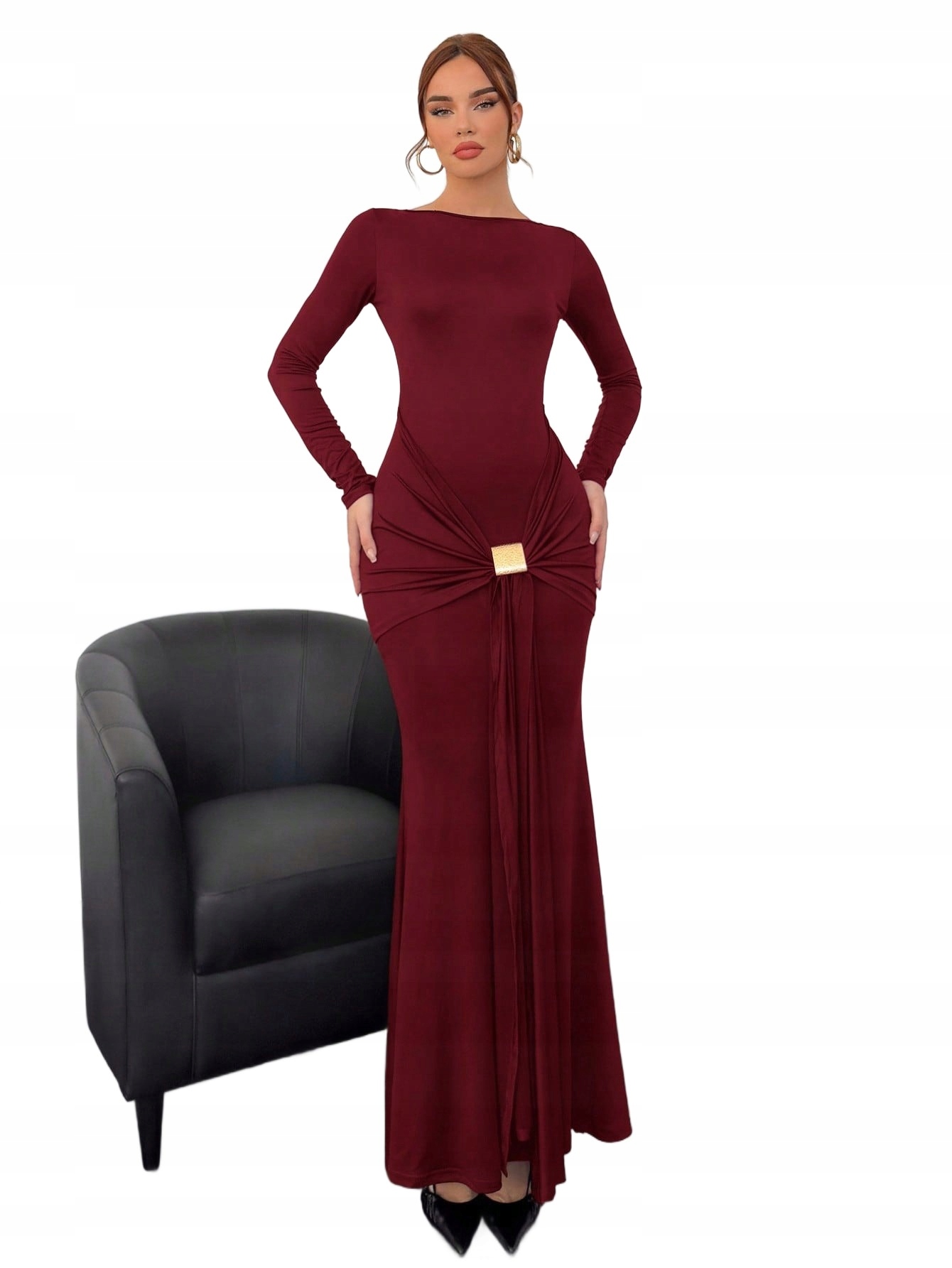 Bordó Dlouhá Šaty Elegantní S Volánky A Zlatou Přezkou M 1LA