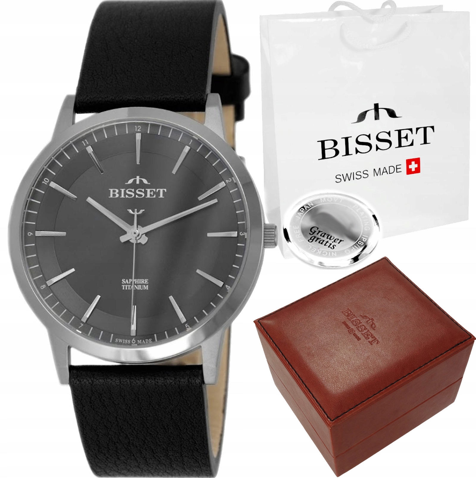 Švýcarské pánské hodinky Bisset s titanovým koženým řemínkem Safír Gravírování