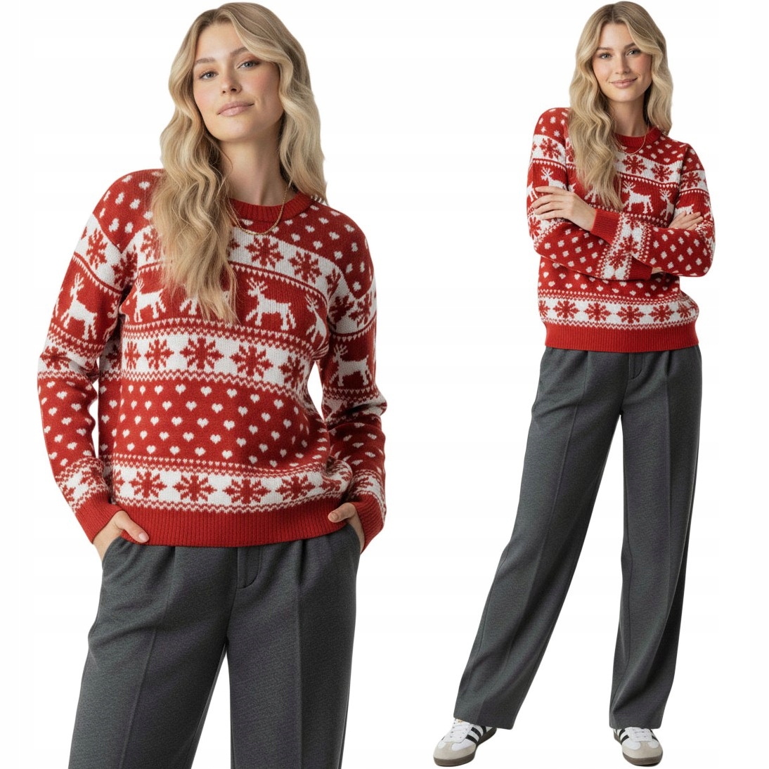 Dámský vánoční svetr červený se soby, sněhové vločky a norským vzorem, XXL